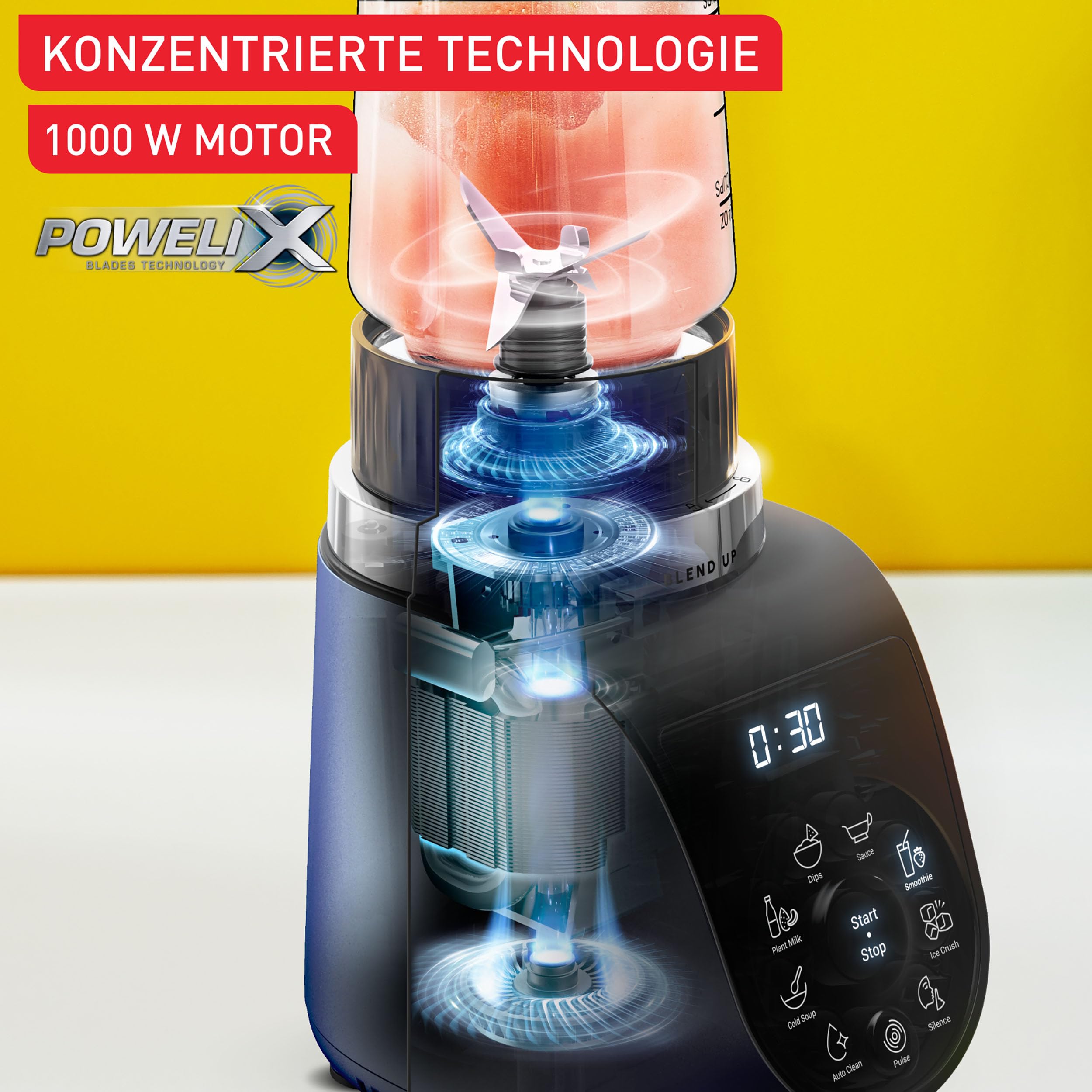 Tefal Blend Up Mini-Mixer, 8 automatische Programme, Pulsfunktion, abnehmbare Powelix-Klingen, inkl. 2 On-the-Go-Flaschen (400 + 700 ml), Silence-Modus, kompaktes Design, 1000 Watt, Blau, BL19H4F0
