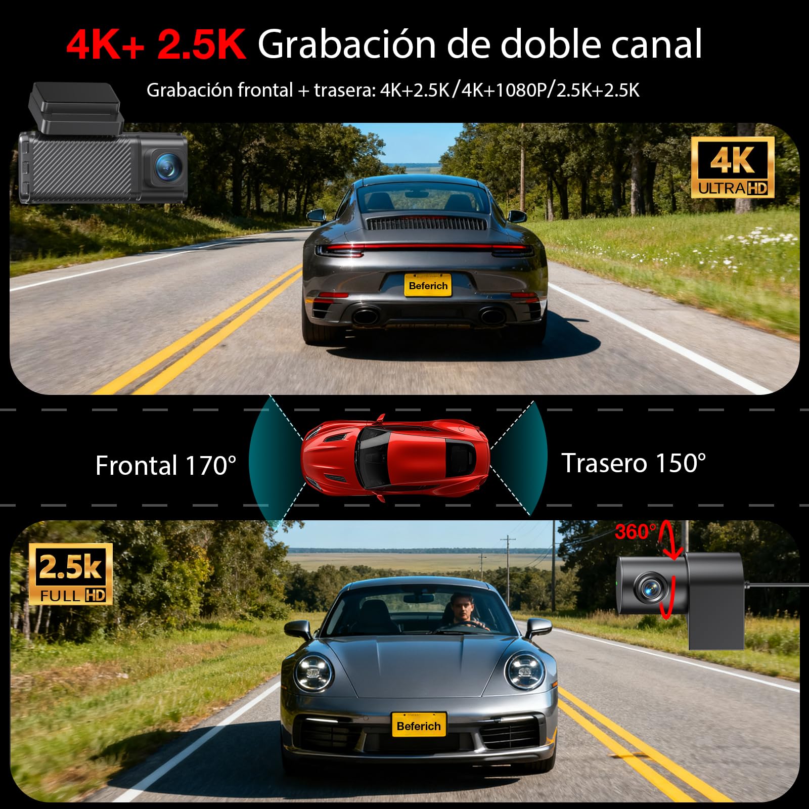 4K+2.5K Dual Trasera Delantera Cámara Salpicadero, GPS 5.8 GHz WiFi Integrado, Tarjeta 64 GB Incluida, Pantalla IPS 3.16 Pulgadas, Control App, Grabación Doble Canal
