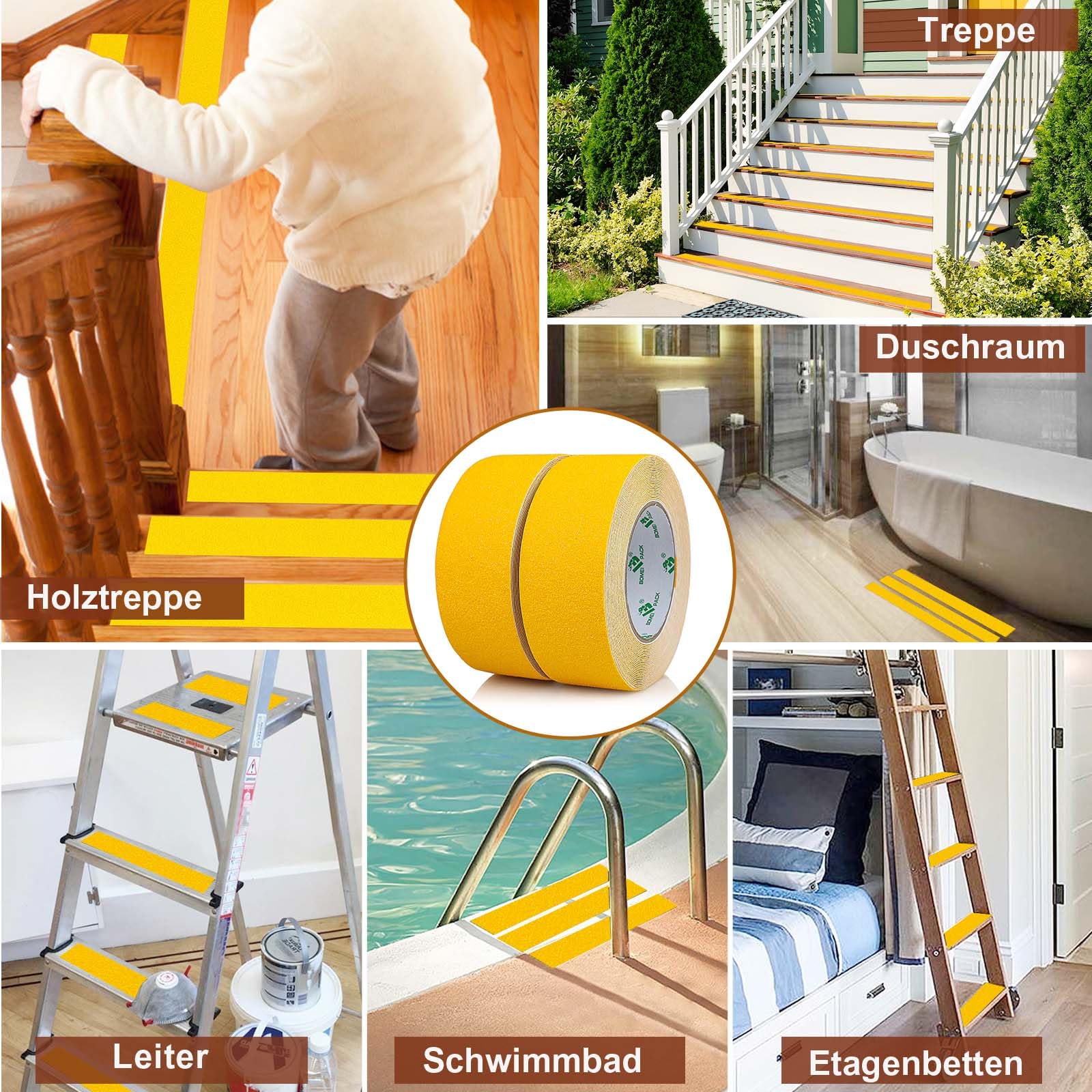 BOMEI PACK Lot de 2 rouleaux de 5 cm x 10 m Jaune Ruban antidérapant adhésif de sécurité haute traction Forte poignée abrasive Bandes antidérapantes pour intérieur et extérieur, marches et sols