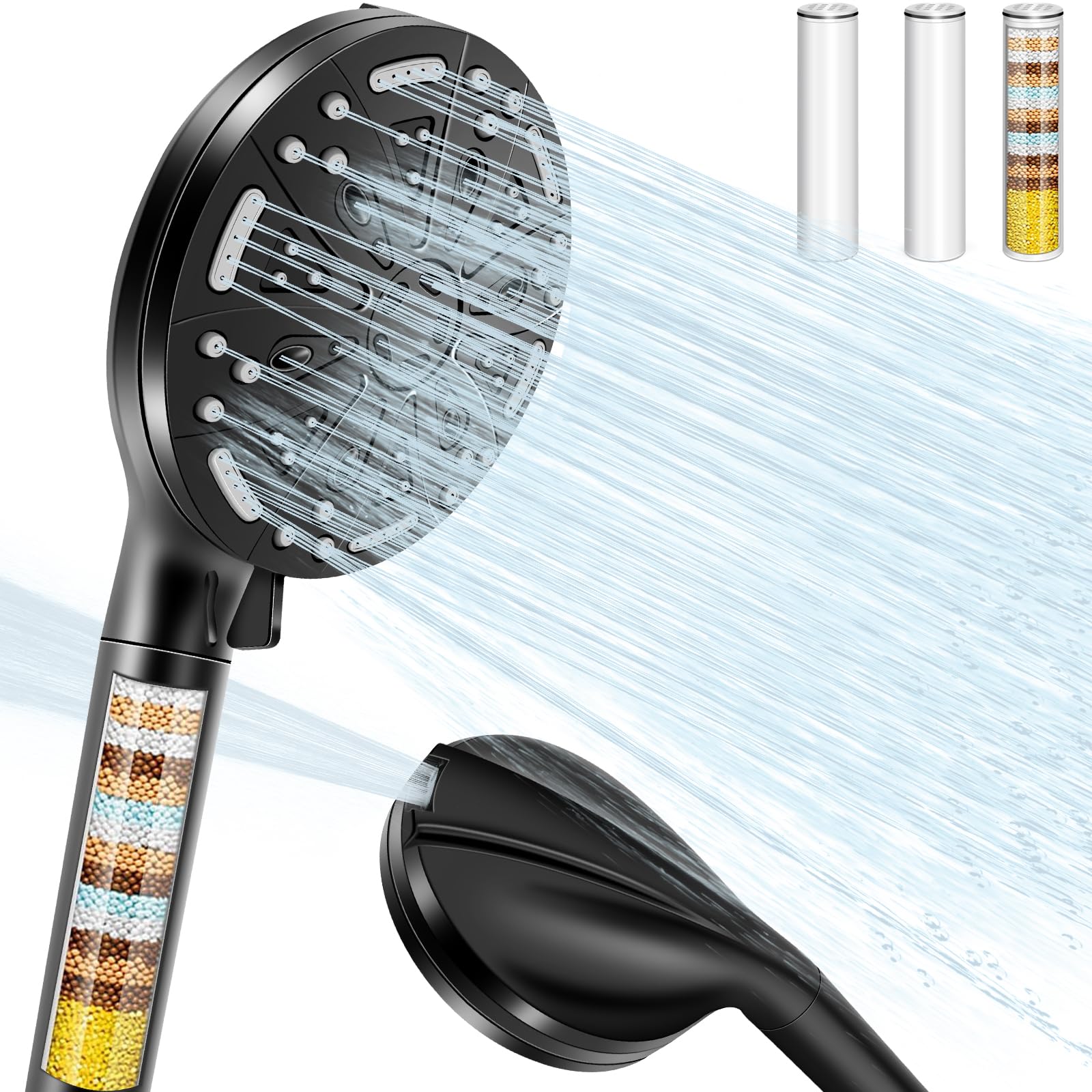 Soffione Doccia Anticalcare,Soffione Doccia con Filtro a 15 Fasi, 8+2 Modalità di Spruzzo Soffione Doccia ad Alta Pressione e Risparmio Idrico, Doccia Soffione con Doccetta (nero)