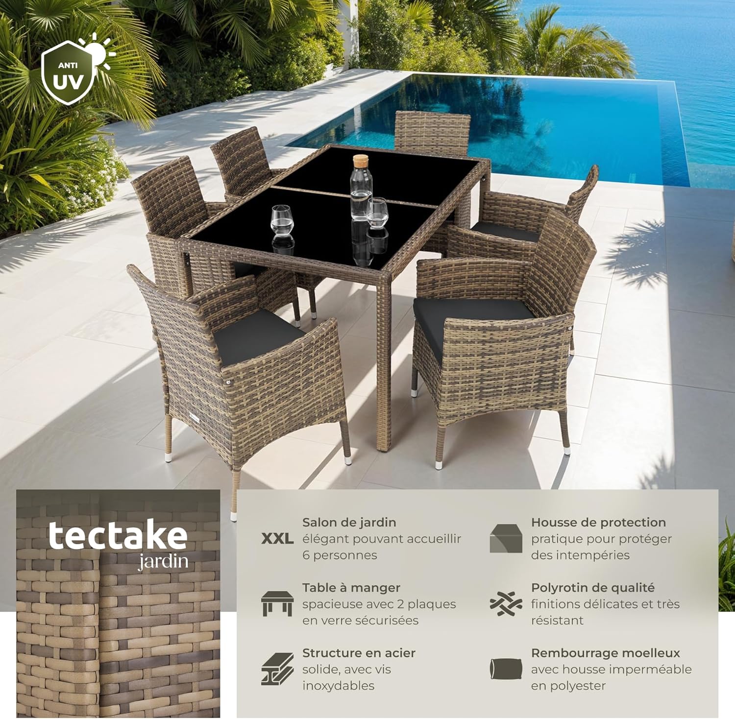 Бүттүview of the tectake garden furniture set components, including table, chairs, and cushions.