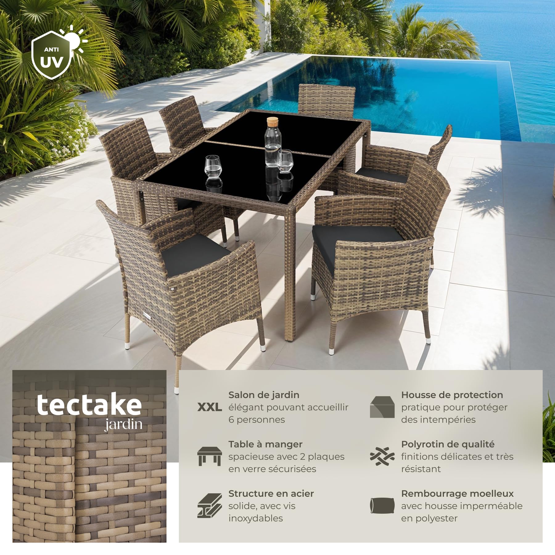 tectake® Salon de Jardin Exterieur en Poly Rotin avec Table de Jardin & 6 Chaise Confortable, Résistant aux UV, Mobilier de Jardin pour Amenagement Balcon ou Terrasse - Marron Naturel/Gris foncé