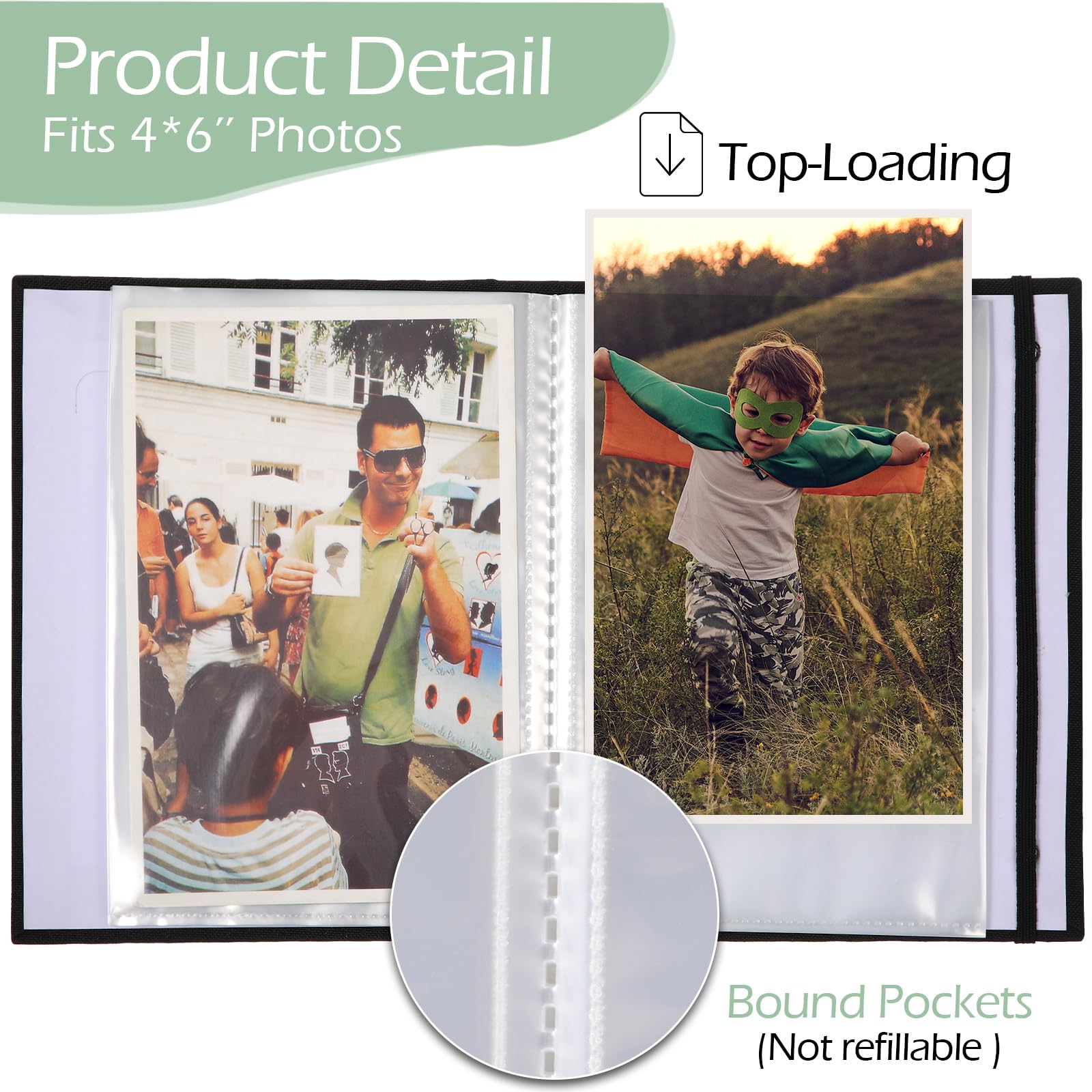 Yeaqee Fotoalbum, 10 x 15 cm, kleines Fotoalbum, Leineneinband, Erinnerungsbuch mit Frontfenster, 26 transparente Seiten, für 52 Bilder, für Hochzeitstag, Familie, Baby (Schwarz, Grau, Beige)