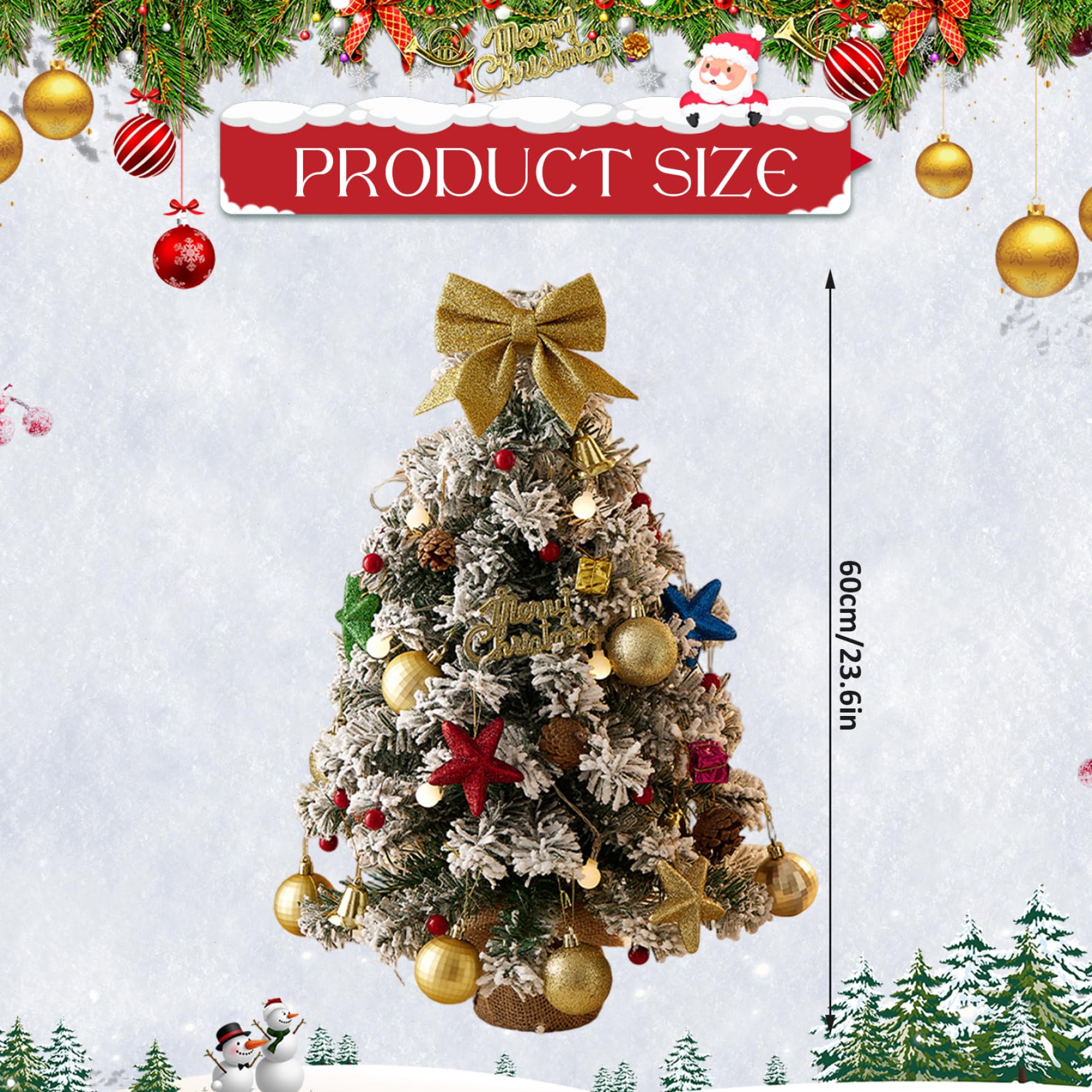 Petit Sapin de Noël avec lumières 61 cm, Arbre de Noël floqué enneigé avec nœud, Boules, Cloche, Pomme pin pour Les Vacances d'hiver, décoration Maison, Bureau, doré