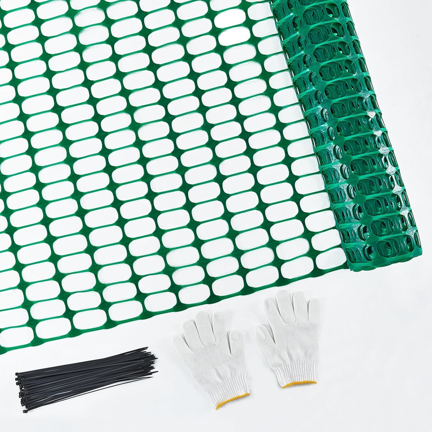 plastic mesh fence safety fence, extra strength 4'x100' roll with 100 zip ties, resuable temporary netting for garden fencing, construction, snow fencing, animal barrier, poultry, deer, dog extra strength 4'x100' green
