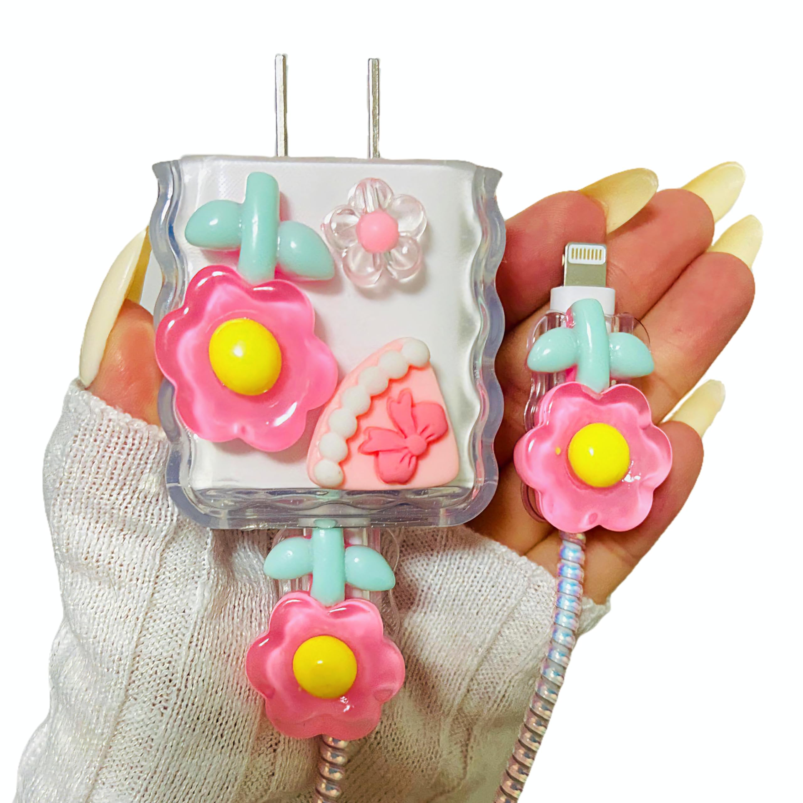 Flower Cable Protector Cover for iPhone Charger Lightning,Kawaii 3D Floral Cartoon Pattern with Wavy Edge Design for Women Girl,Pink Phone Charger