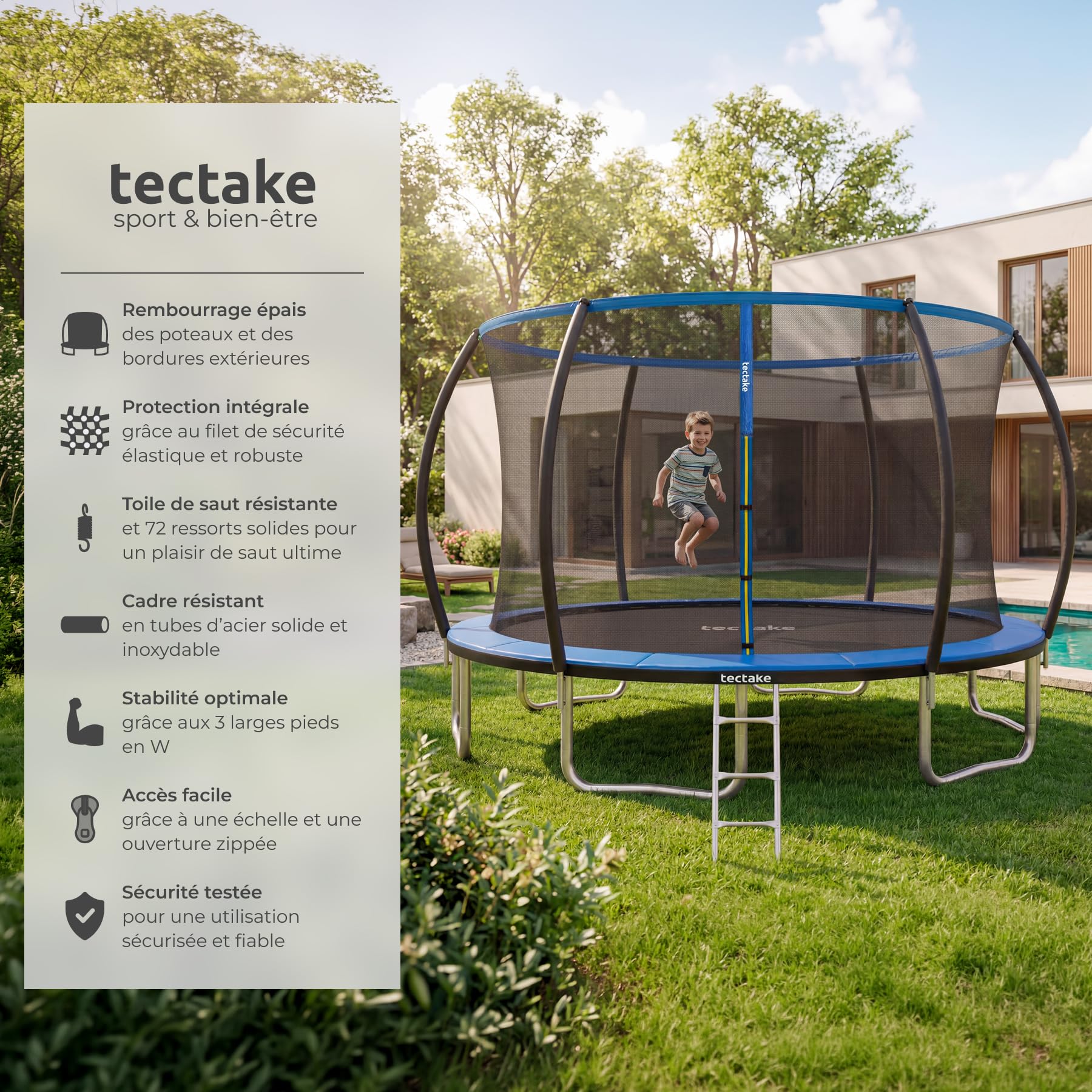 tectake® Trampoline, Trampoline de Jardin, Ø 244/305/366 cm, Certifié GS, Équipement Sportif pour Entraînement, Endurance et l'Équilibre, Filet de sécurité pour Enfants, Échelle, Bordure rembourrée