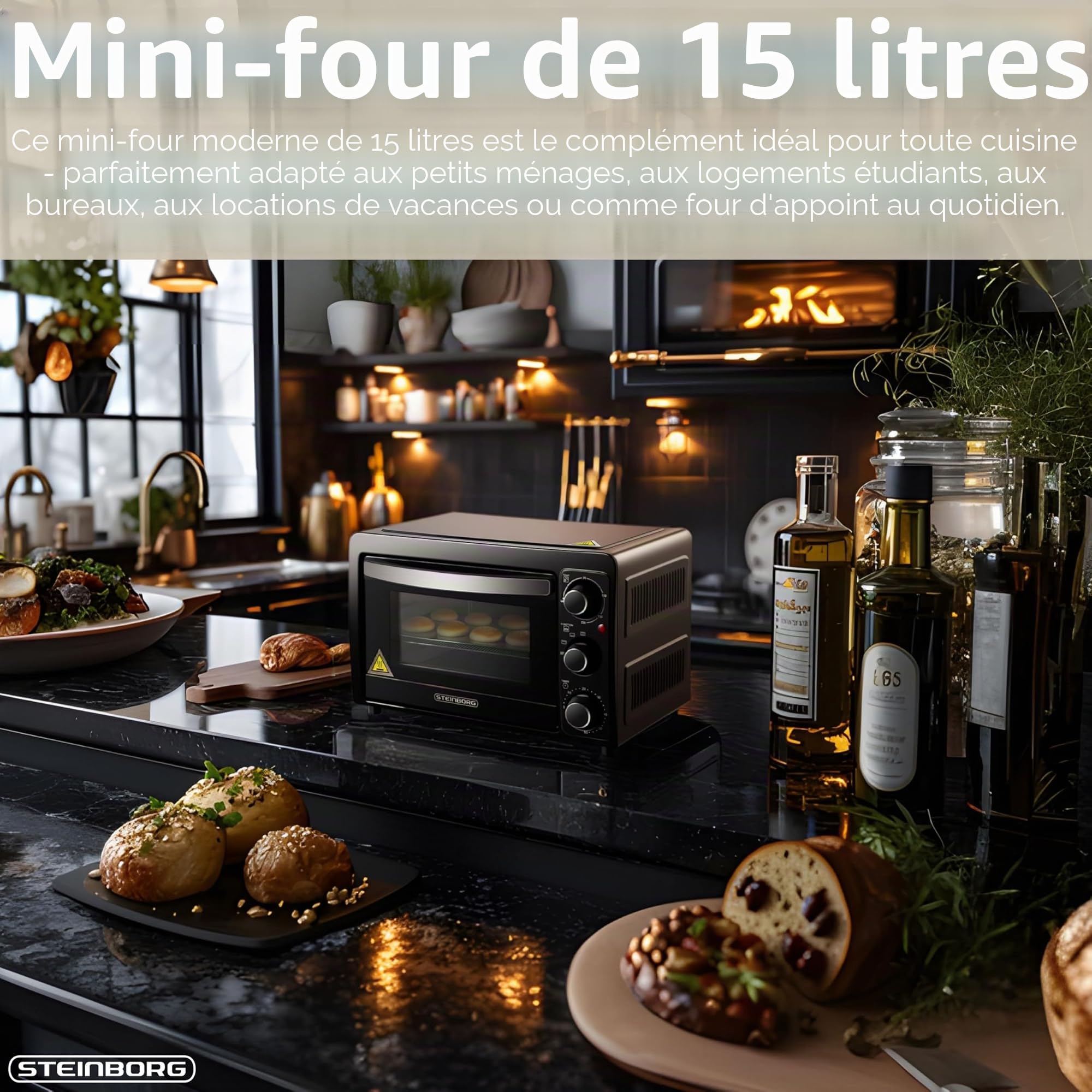 STEInBORG Mini four à pizza, 15 l, 3 en 1, mini four, plaque ramasse-miettes, chaleur de voûte et de sole, économe en énergie, minuterie 60 min