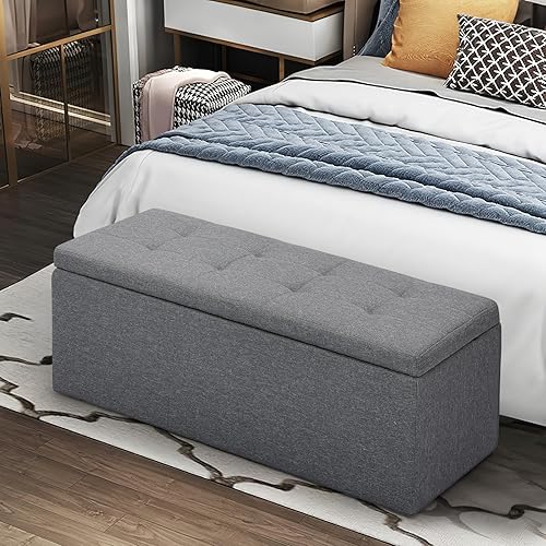 Miniatura 2 de Magshion Banco otomano rectangular de almacenamiento, reposapiés copetudo con otomanas cubo, juego de 3 bancos para dormitorio, extremo de cama,