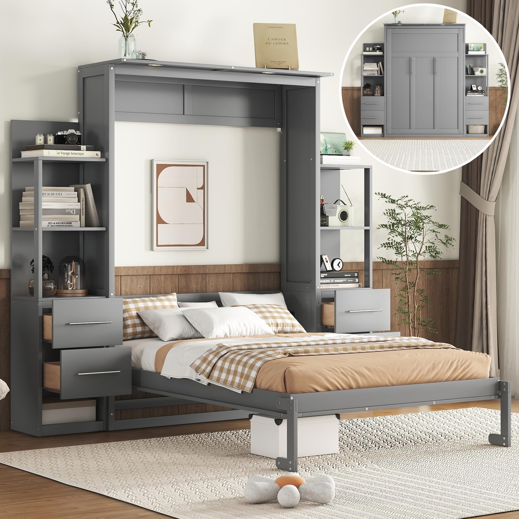 Ball & Cast Murphy Bed Full Size,Wall Bed with Shelves,can be Folded,Wood Cab...