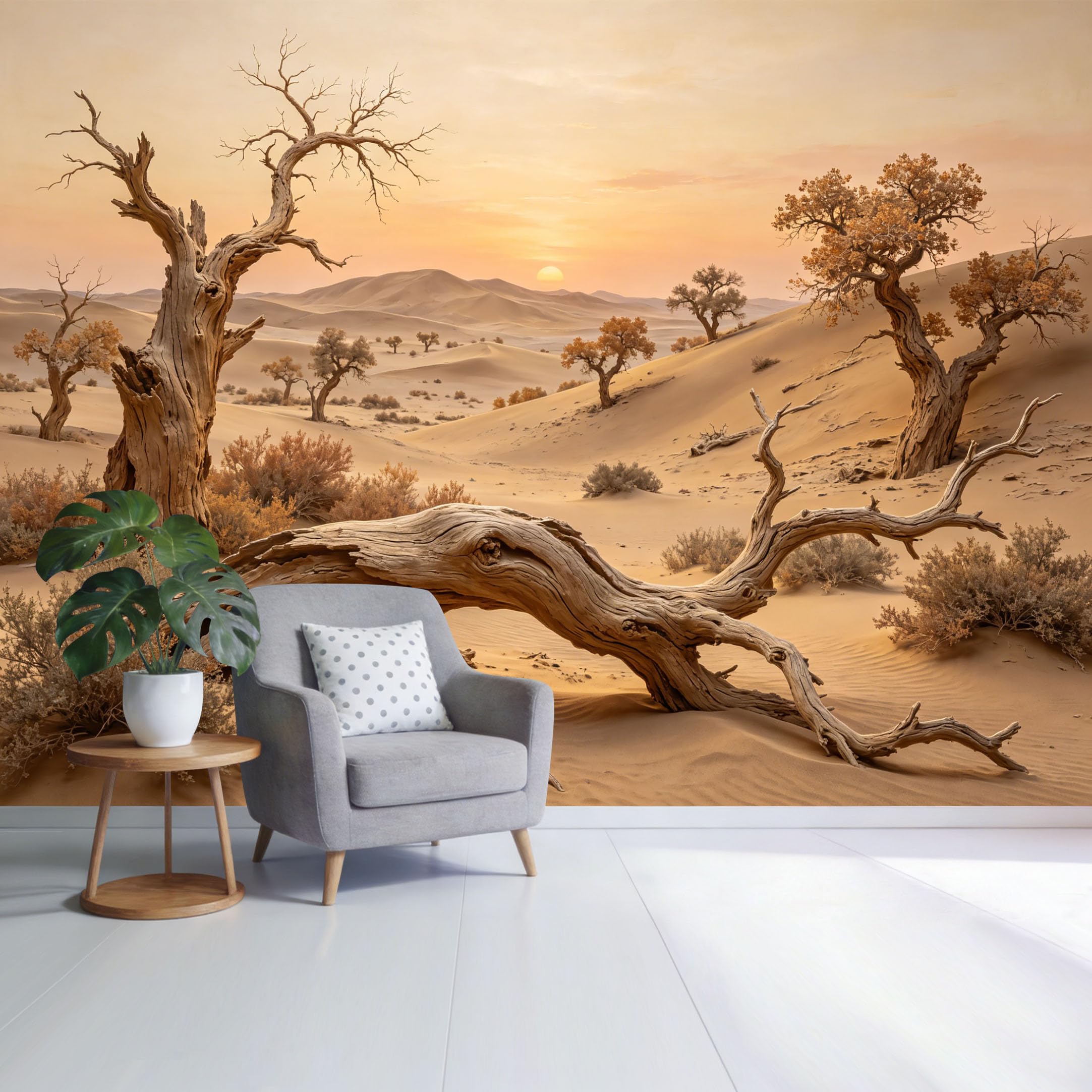 Custom Size Wall Mural Desert Sunset Landscape Dried Tree Golden Sand Dunes Minimalist Nature Scene SelfAdhesive Wall Fabric Removable Wallpaper for Home Office Decor