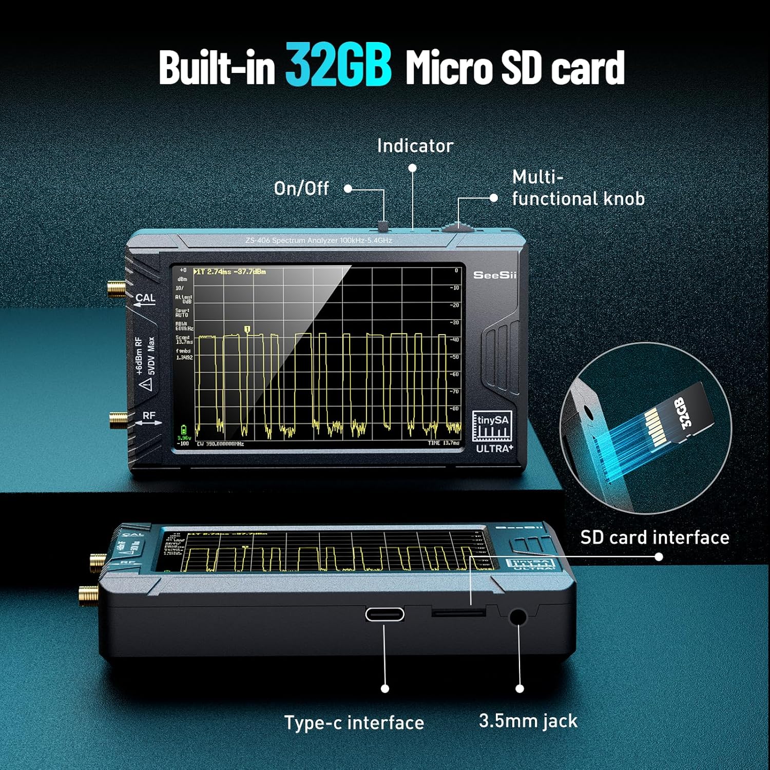 SEESII TinySA Ultra+ ZS406 5.4GHz Spectrum Analyzer with Hard Case: 4 inch Portable RF Test Kit with EVA Waterproof Shockproof Protective Shell for Ham Radio, Field Testing, V0.4.6.1