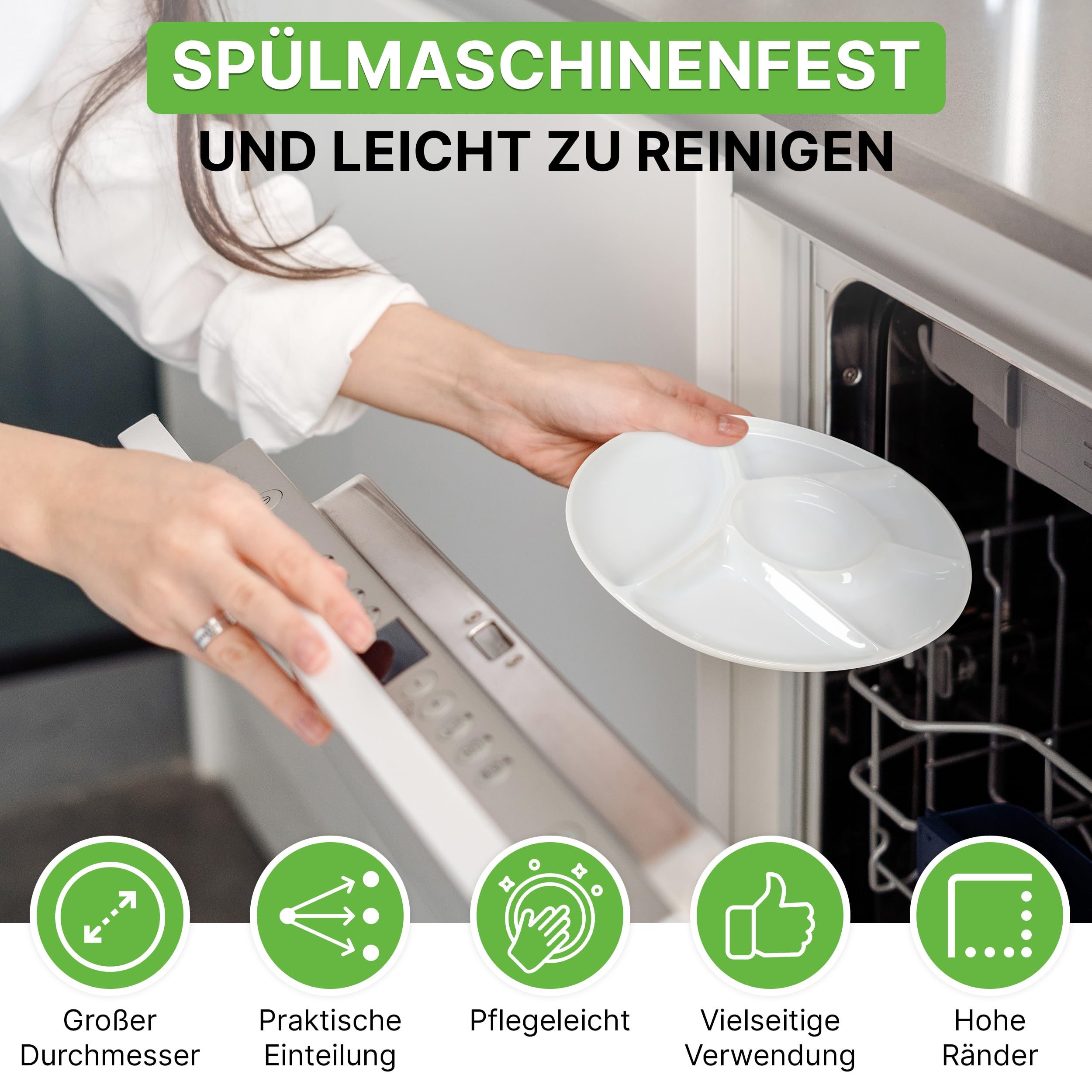 Oramics Fondueteller Porzellan Fondue Teller mit Unterteilung 23 cm rund weiß - Racletteteller Grillteller Snackteller mit Fächern - BBQ Raclette Menüteller Servierteller mit 6 Einteilungen (8er Set)