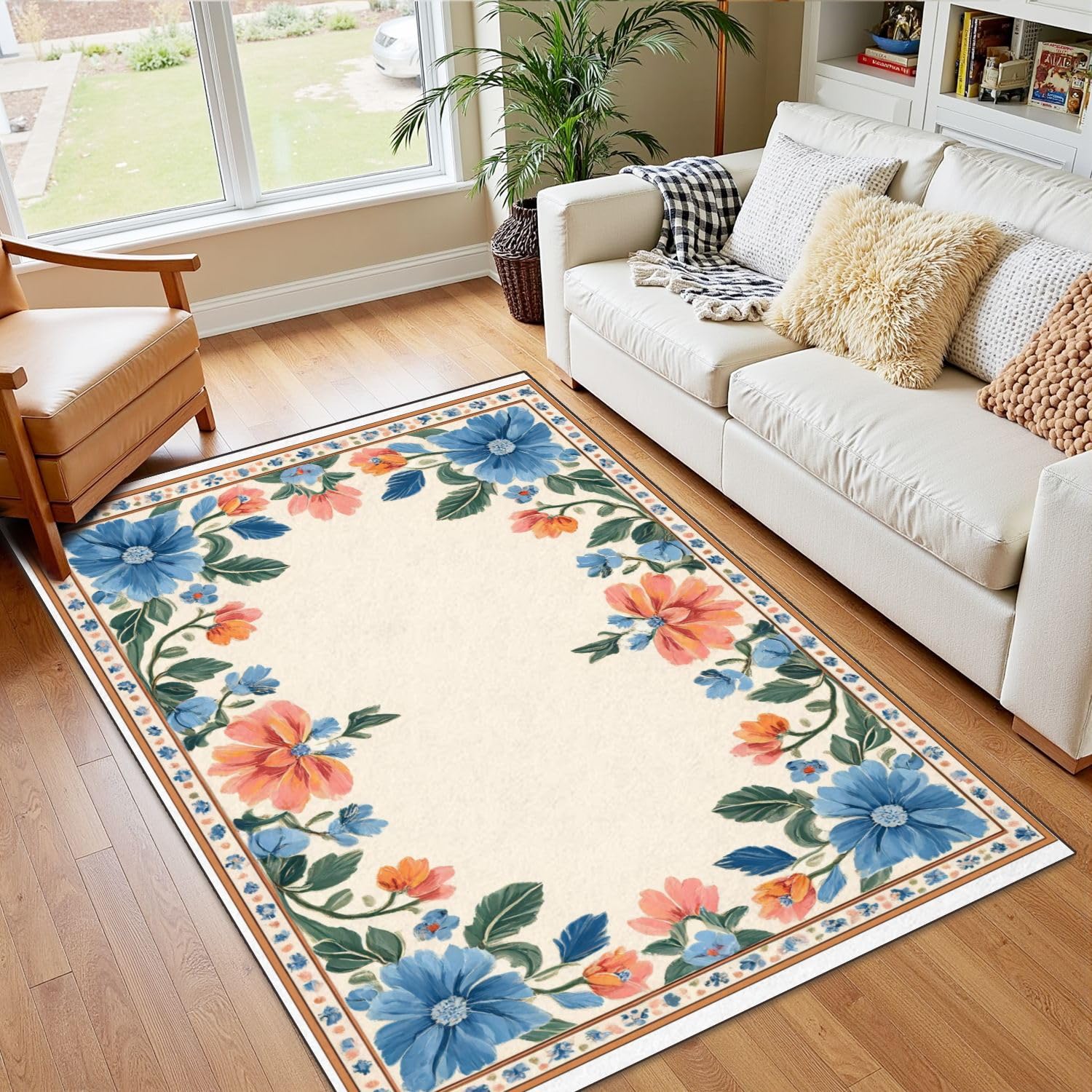 4x5 Nursery Area Rugs Boho Washable Low Pile Carpet Floral Pink Boho Colorful Flower Orange Flowers Blue Green Soft Non Slip Floor Mat for Living Room Bedroom Nursery Room Bathroom Home Decor