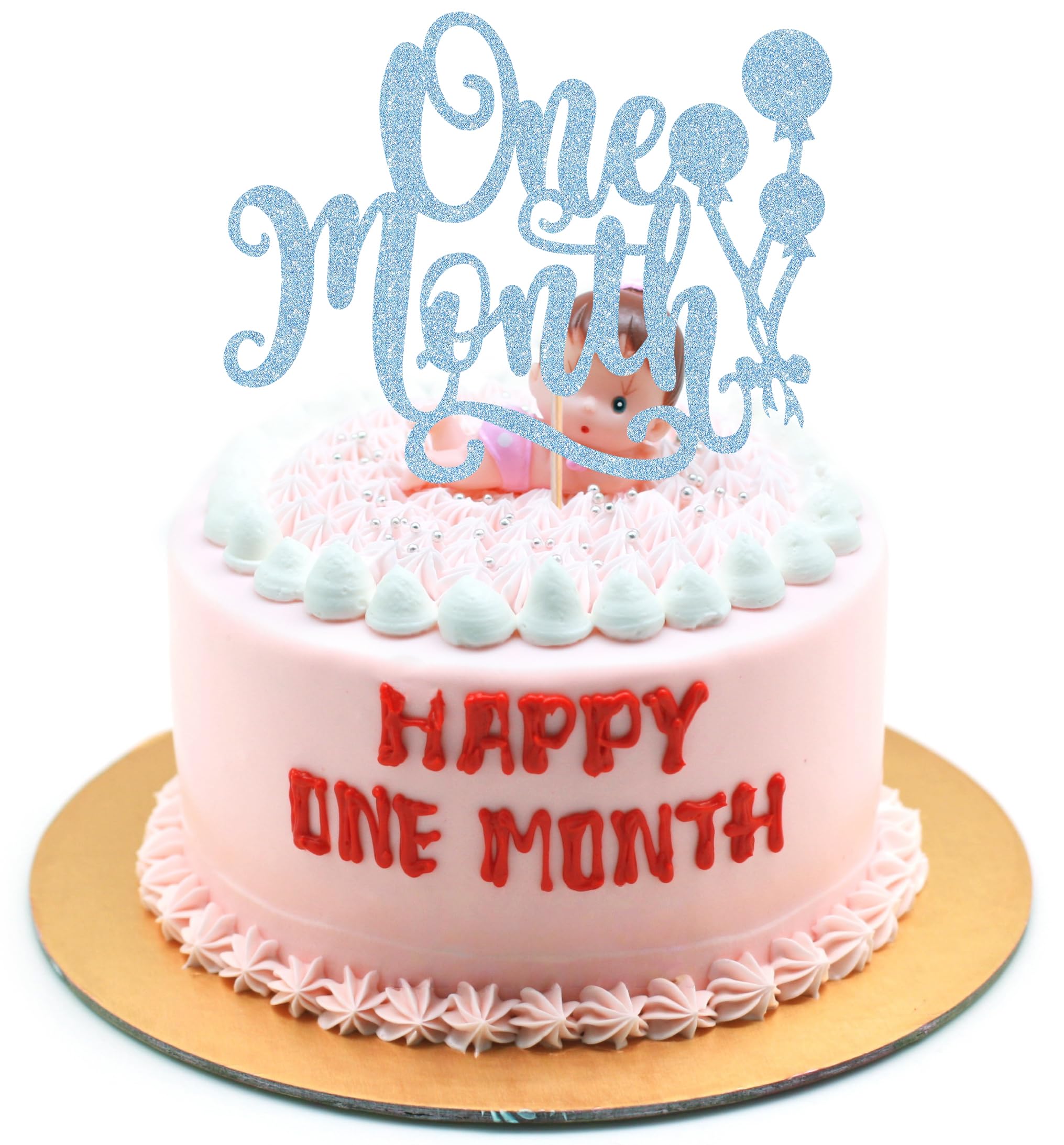 AHAORAY One Month Cake Topper - Light Blue Glitter New Born Welcome Baby Cake Decorations Supplies, for Baby Shower/Gender Reveal Party Photo Booth Props