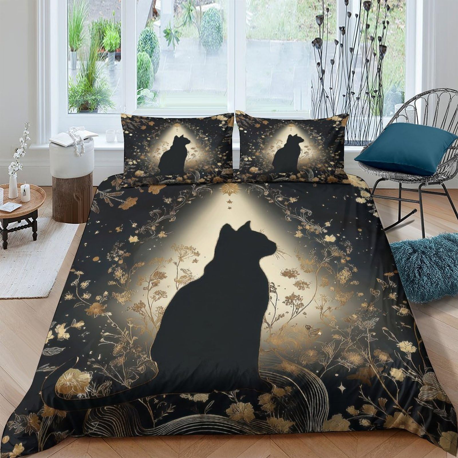 Ctjqhvkz Style-9 3D Printed Black Cat Fitted Sheet Microfiber Gold Floral Silhouette Mattress Cover Slip-Resistant Washable For Bedroom Guestroom Dorm Decor Single（135X200cm）