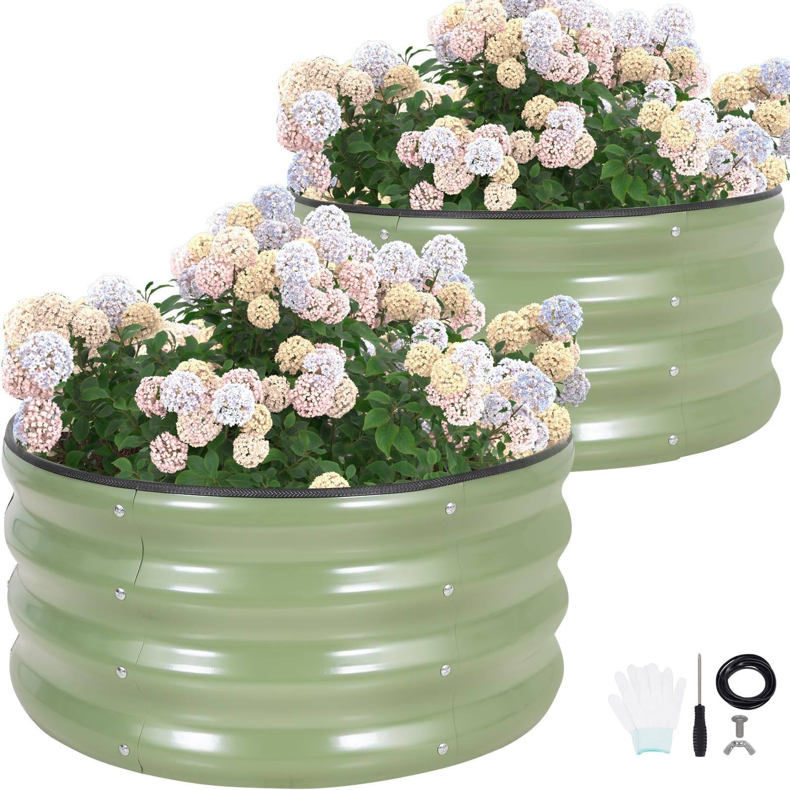 Round Raised Garden Bed - 2Pcs 60x60x30cm Galvanized Steel Planter Boxes Outdoor with Rubber Edge Trim | Metal Raised Beds for Gardening Vegetables Flowers Fruits Herbs (Olive Green)
