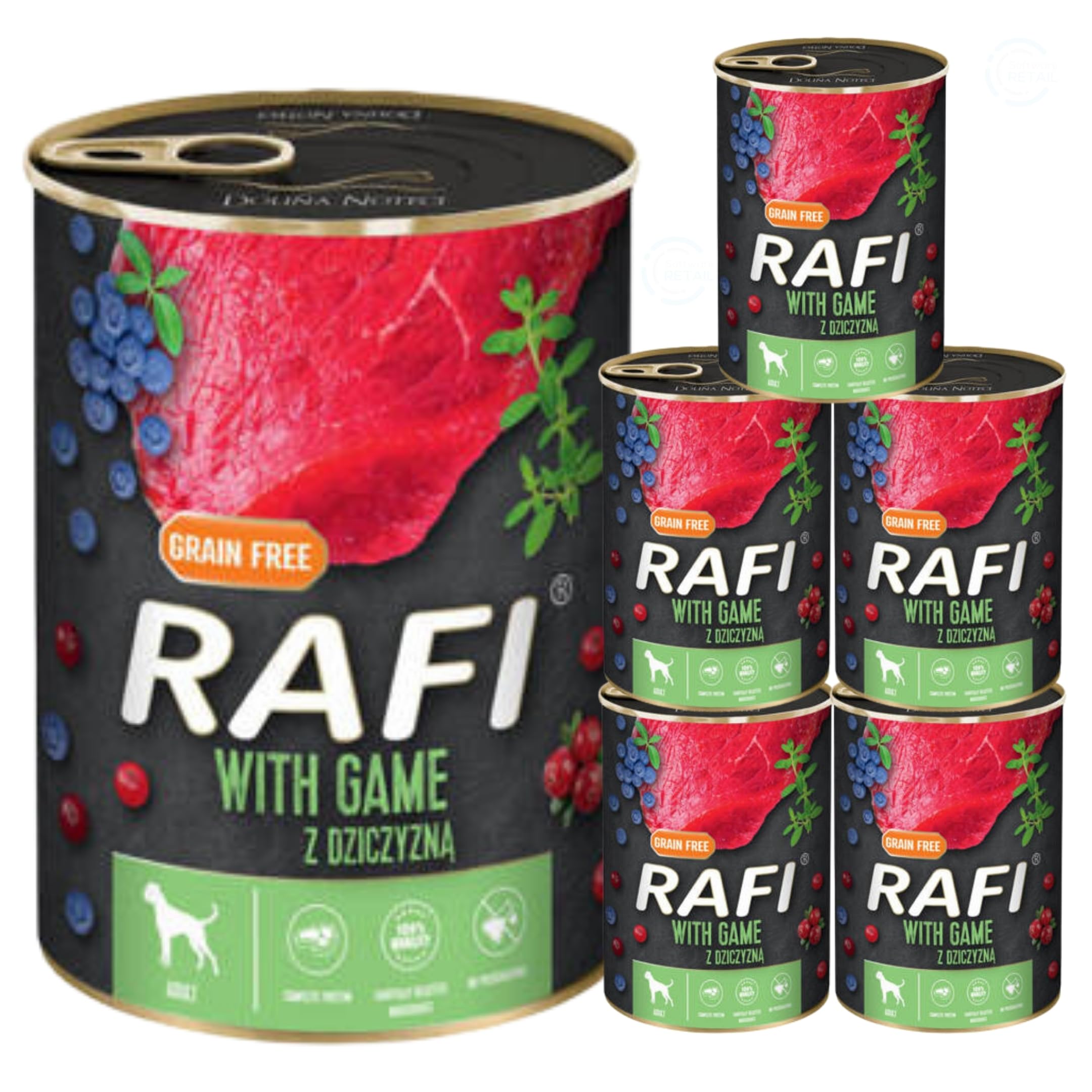 Rafi Complete Wet Dog Food: Meat & Natural Ingredients, Grain-Free, Immune-Boosting Superfoods in Every Flavour! Healthy & Tasty Nutrition for All Breeds! (Game, 6x400g)