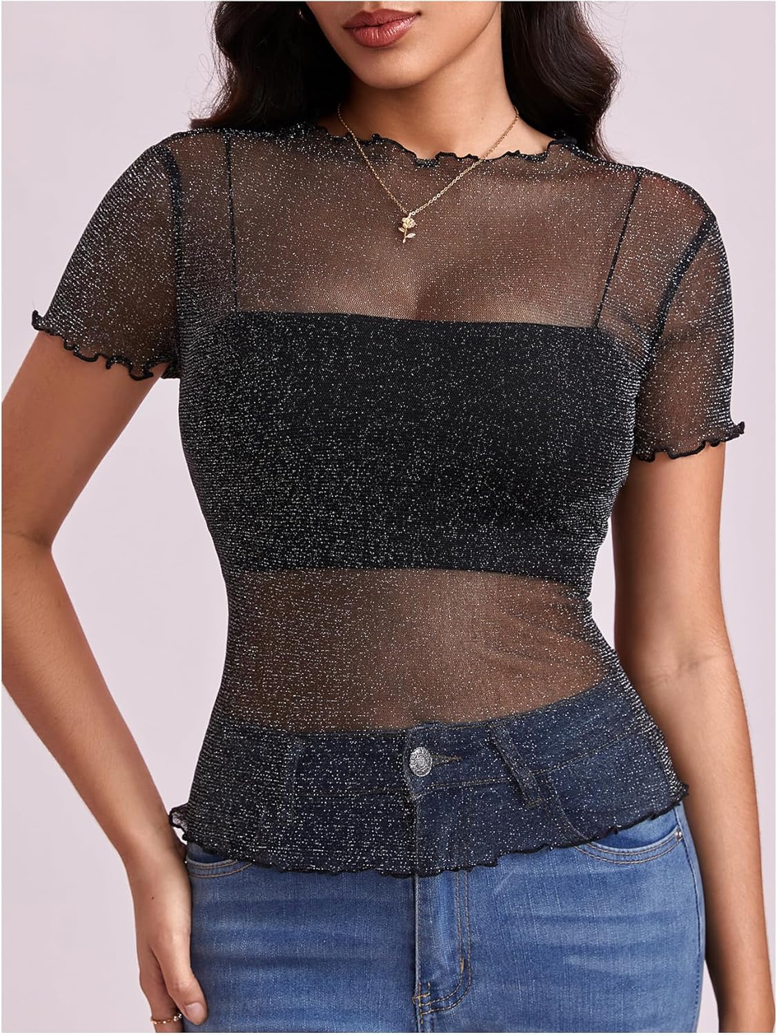 MakeMeChic Women's Mesh Sheer Sparkly Tops Mock Neck Lettuce Trim Short Sleeve Tee Shirt Top - Image 3