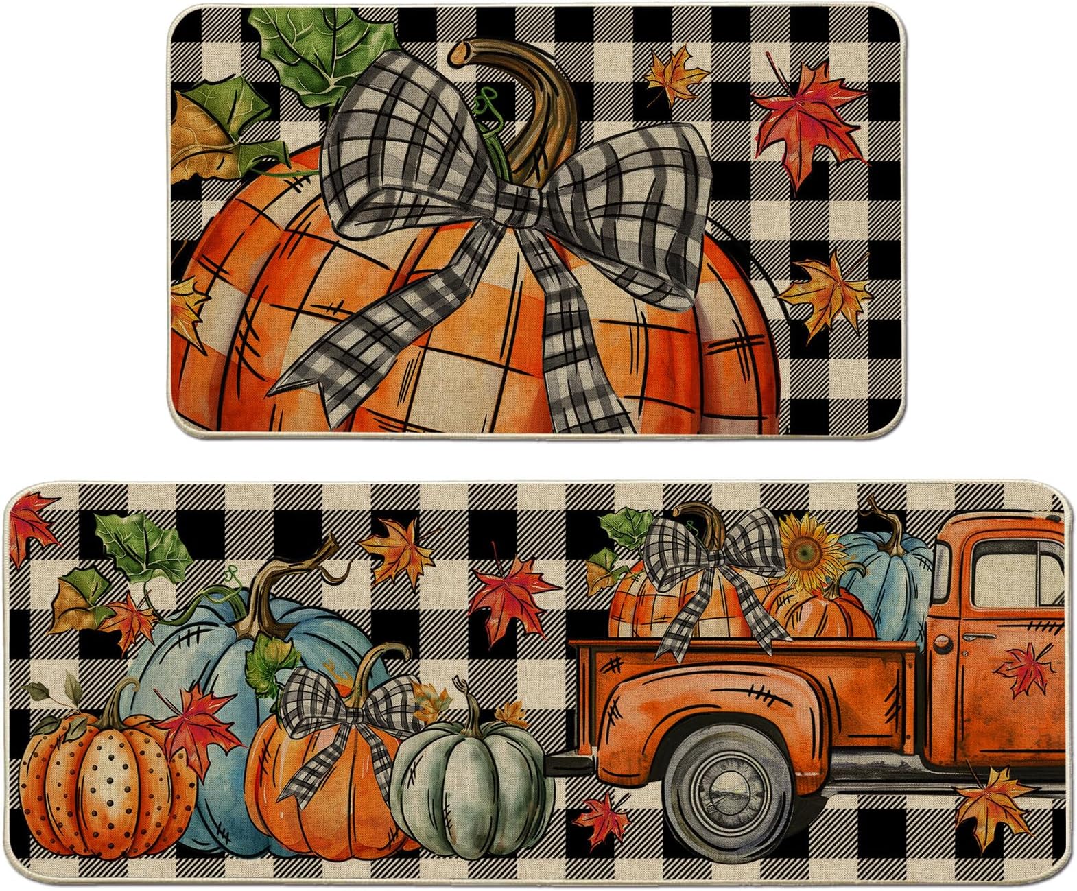 cusugbaso Fall Kitchen Mats, Plaid Farmhouse Truck Fall Kitchen Decor for Floor, Home - Pumpkins Kitchen Rugs Set of 2 17"x27+17"x47"
