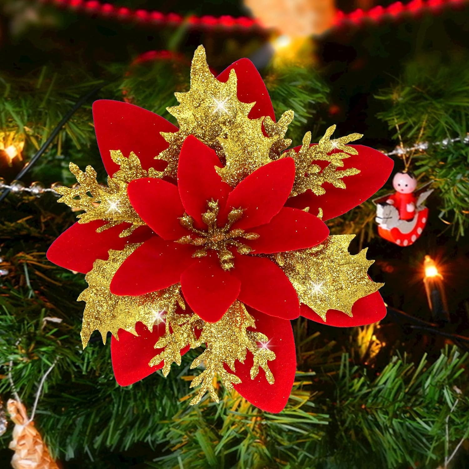 Glamifirsto 5 Artificial Gold Red Poinsettia Flowers Decorations and Stems Glitter Christmas Tree Ornaments Wedding Party Wreath Decor for Xmas Tree DIY Wreath Garland Decoration