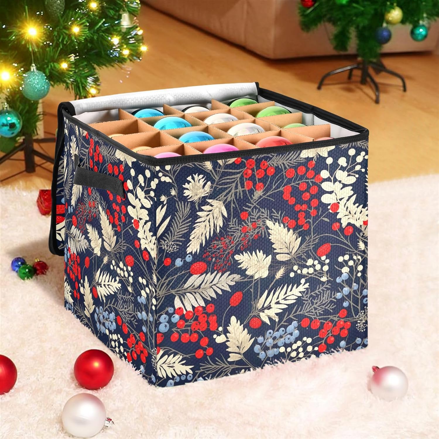 Christmas Tree Leaves Christmas Ornament Storage Box for Next Season Holiday Decorations Storage Container with Adjustable Dividers & Lid Foldable Storage Bins for Ornaments Balls Decor Organizing