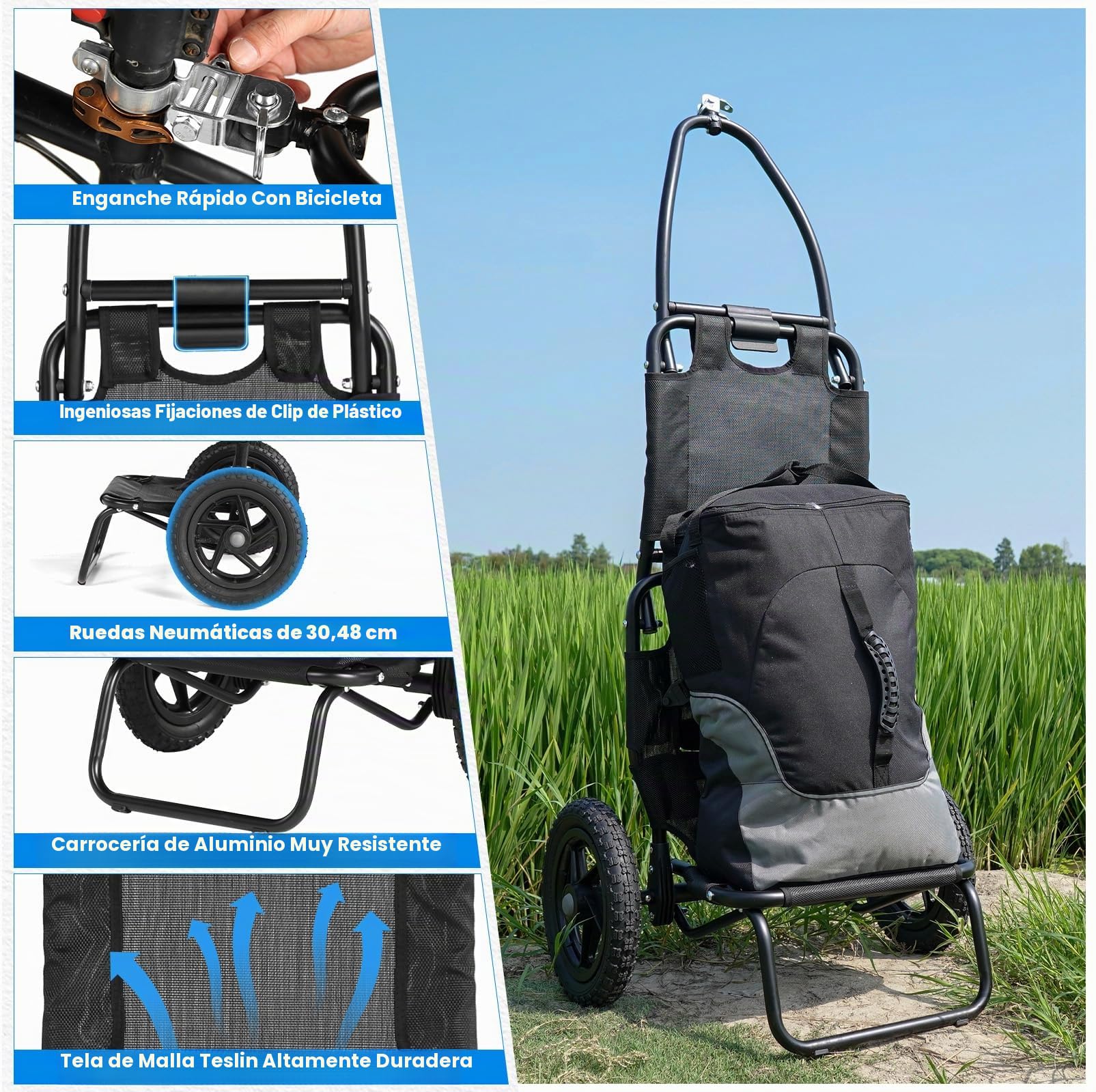 SEPNINE® Remolque de carga bicicleta 2 en 1, remolque de bicicleta, carro de la compra, carro de mano, marco de acero de aleación, fácilmente plegable con neumáticos de 30 cm, peso de carga de 20 kg