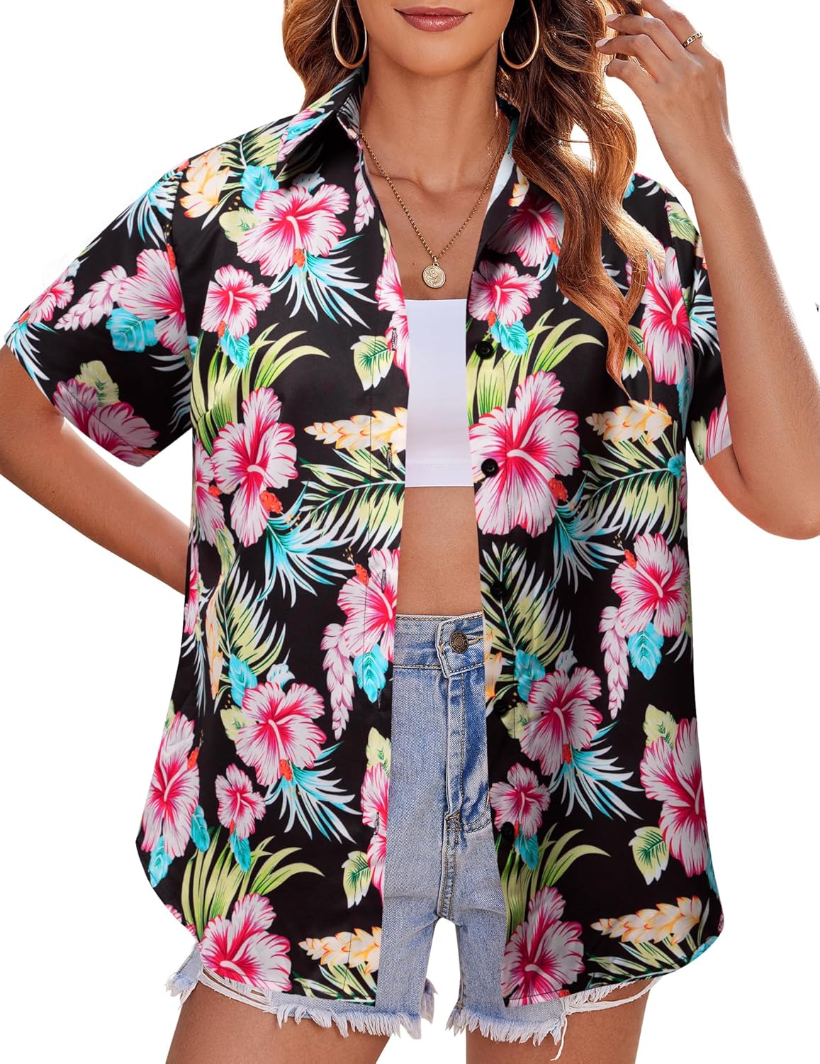 MYHALF Women Hawaiian Shirt Soft Cool Summer Hawaii Shirts Floral Tropic Print V Neck T-Shirt Short Sleeve Button Up Tops - Image 2