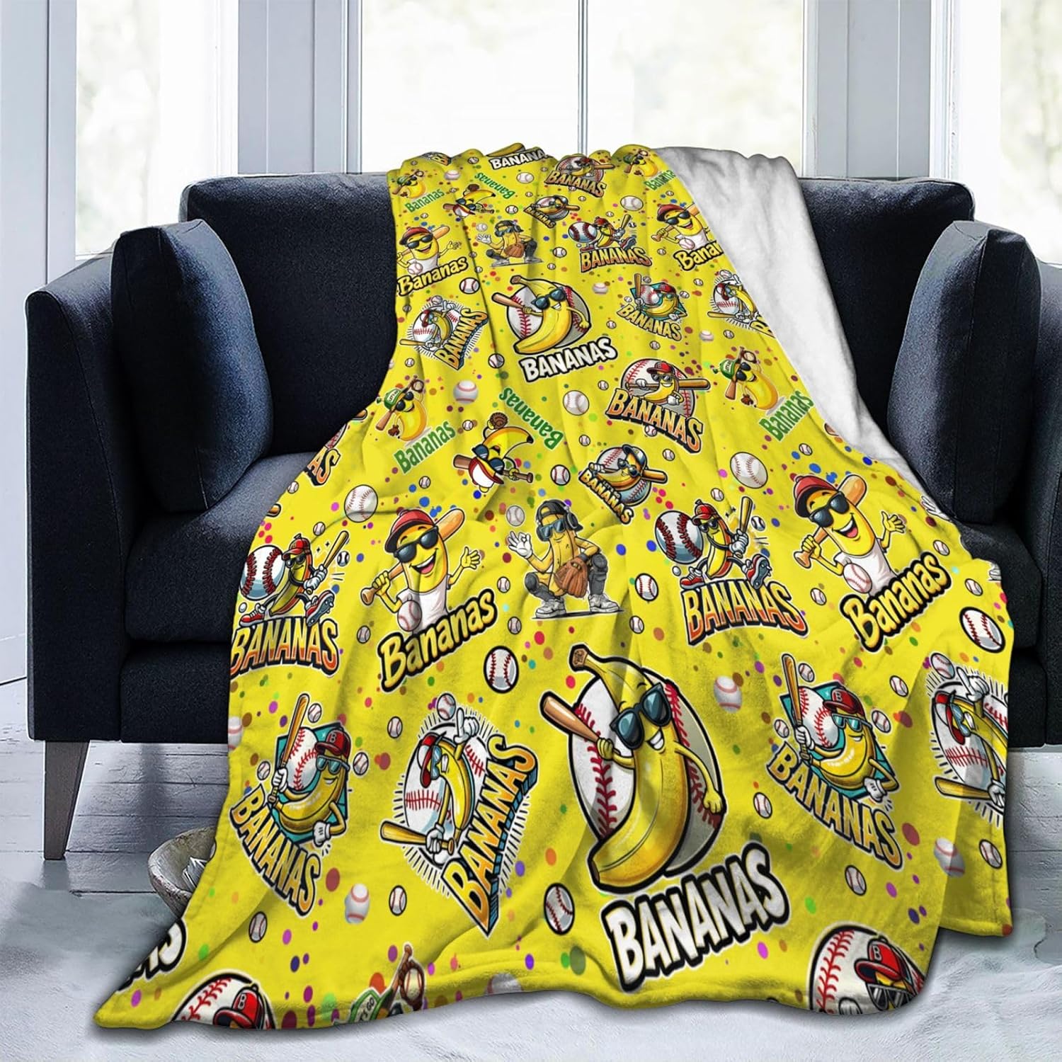 Funny Banana Baseball Blanket Ultra Soft Banana Throw Blanket 50"x40" Lightweight Flannel Fleece Blankets Bedding Sofa Couch Living Room 50"x40" Yellow 50"x40"
