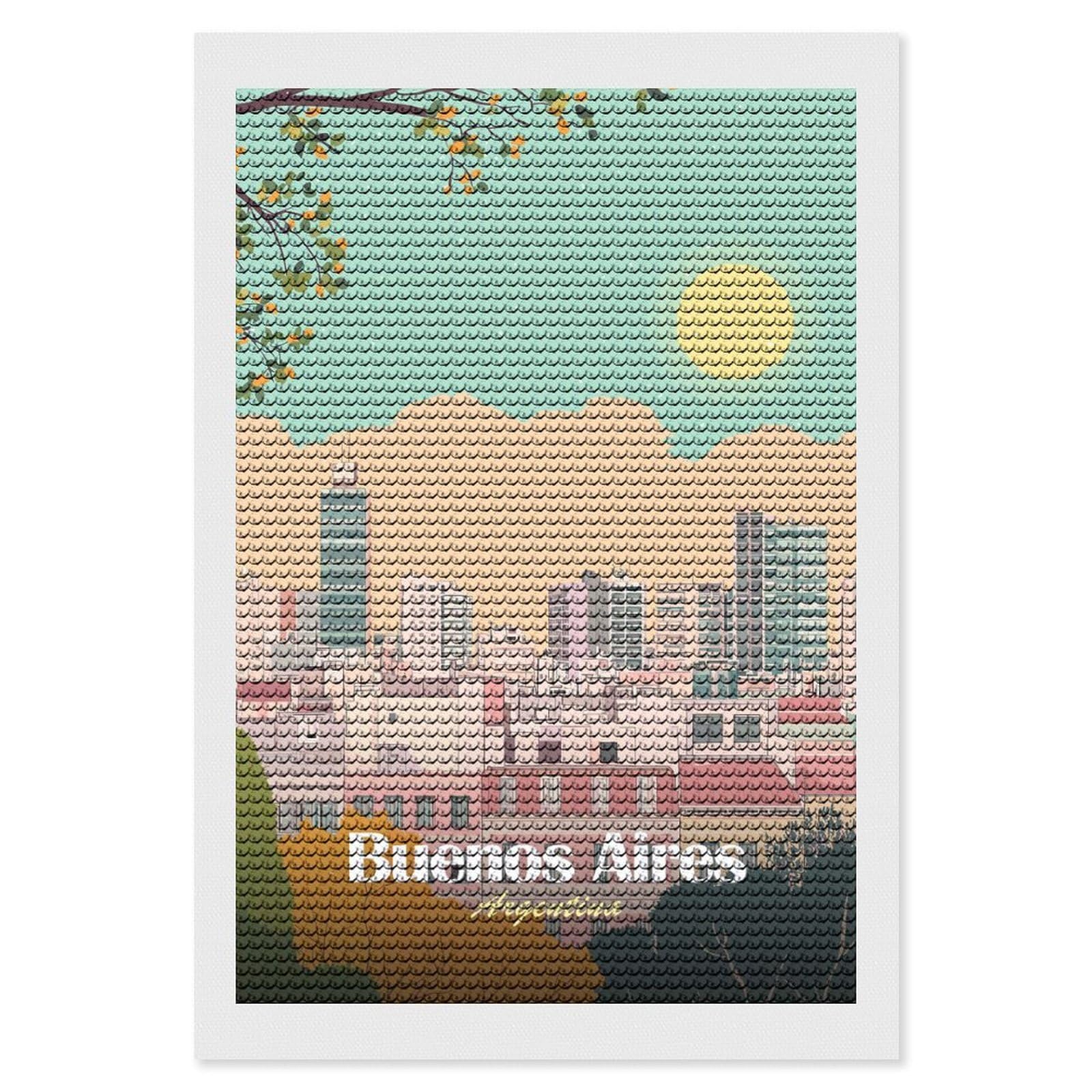 Junmoney Buenos Aires Argentina Cityscape Illustration(2) Round Drill Diamond Painting 8"x12", for Women, Relaxing DIY Hobby, Bedroom Decor, Christmas Gift, Adhesive Canvas