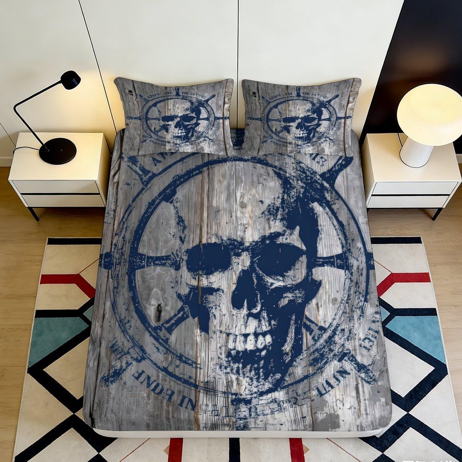 Uxinyoume Style-2 3D Printed Skull Pirate Fitted Sheet Microfiber Black Grey Skeleton Bed Cover For Bedroom Dorm Decor Protection 90X200x25cm