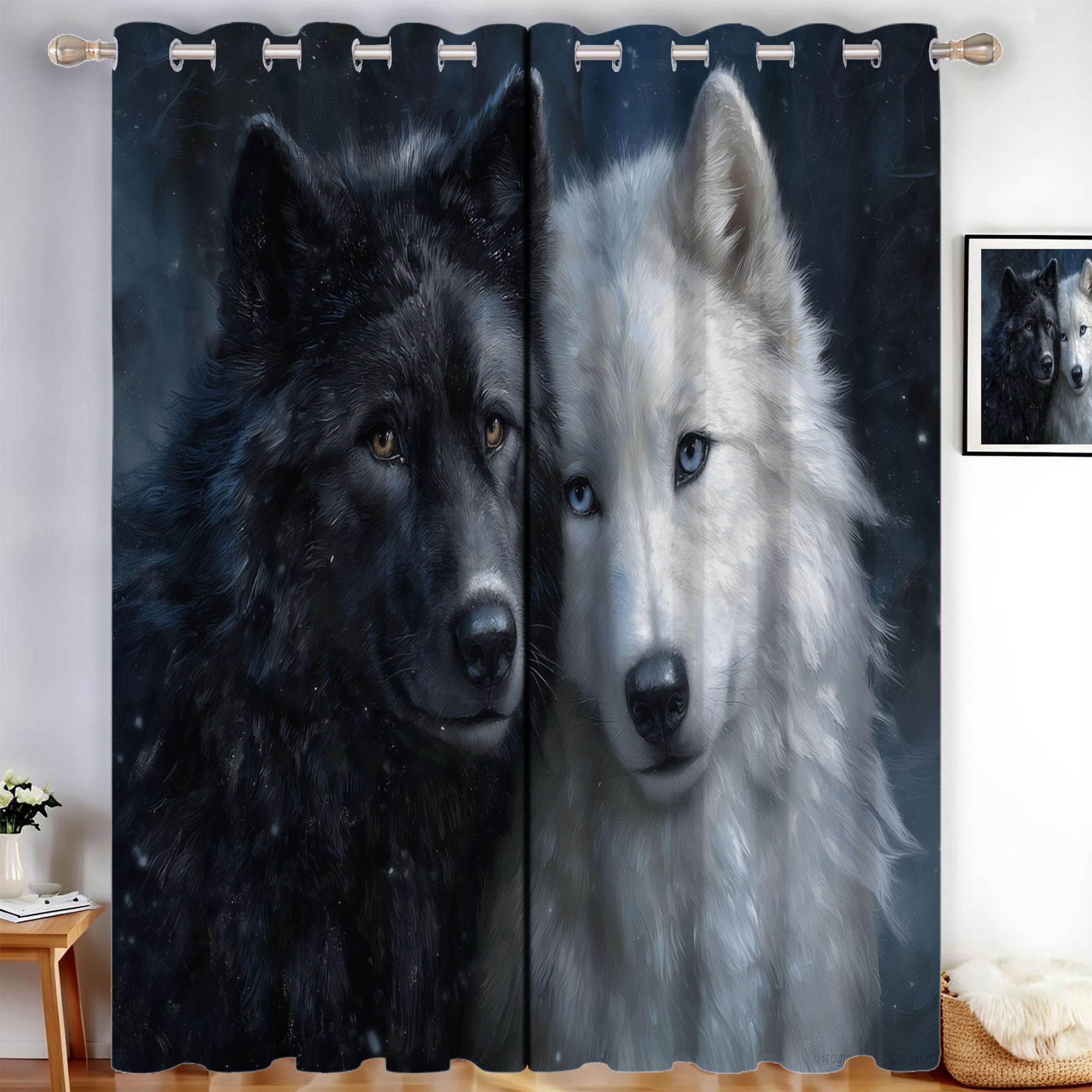 Cortinas Opacas De Lobo Negro Lobo Blanco, Realismo Animal Cortinas Opacas con Aislamiento Térmico para Oscurecer La Habitación, con Ojales, para Sala De Estar, 140 x 245 cm (2 Paneles)