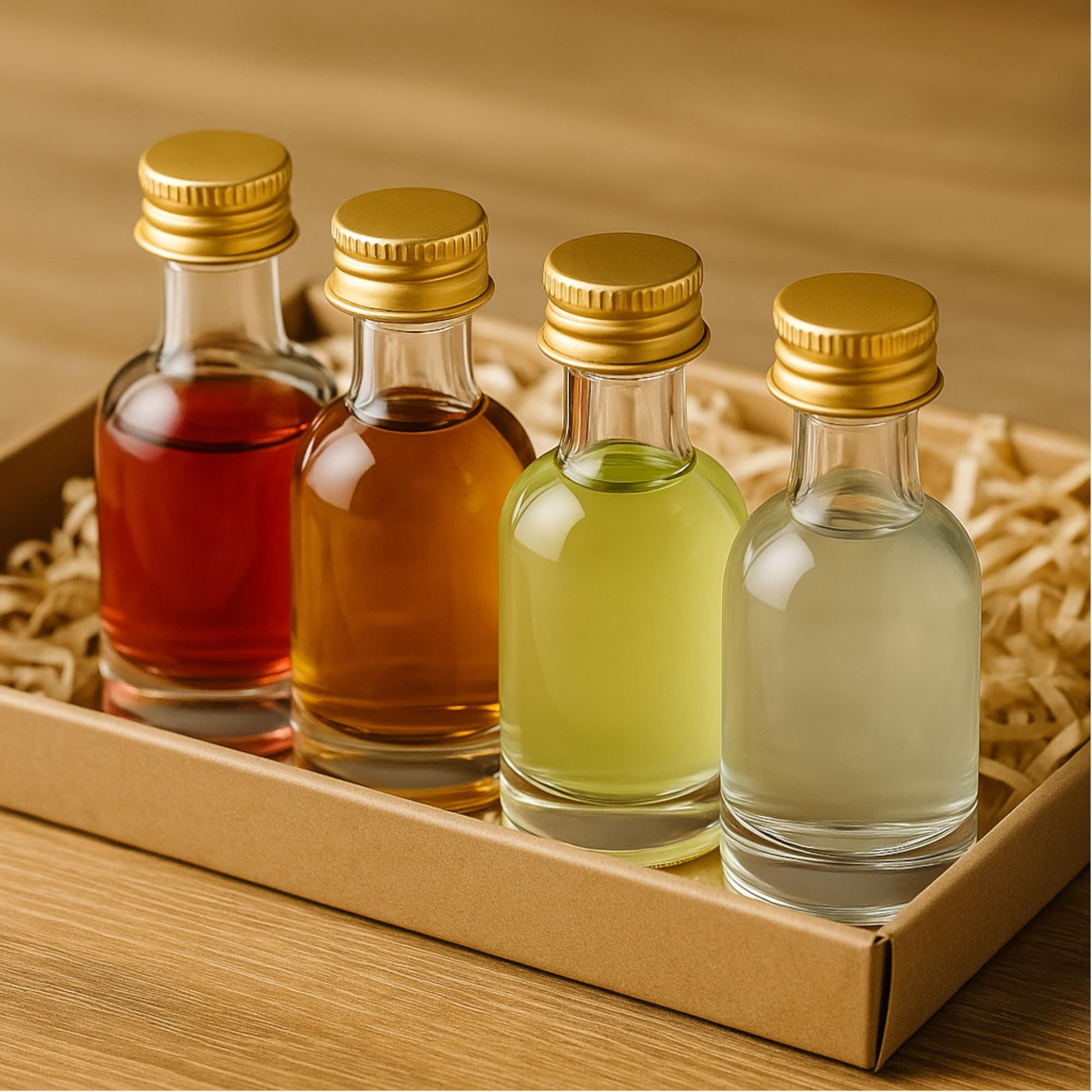 gouveo Lot de 60 mini bouteilles rondes en verre de 50 ml avec bouchon à vis doré à fond épais et goulot étroit Idéal pour liqueurs, huile, échantillons, cosmétiques (KFT050G)