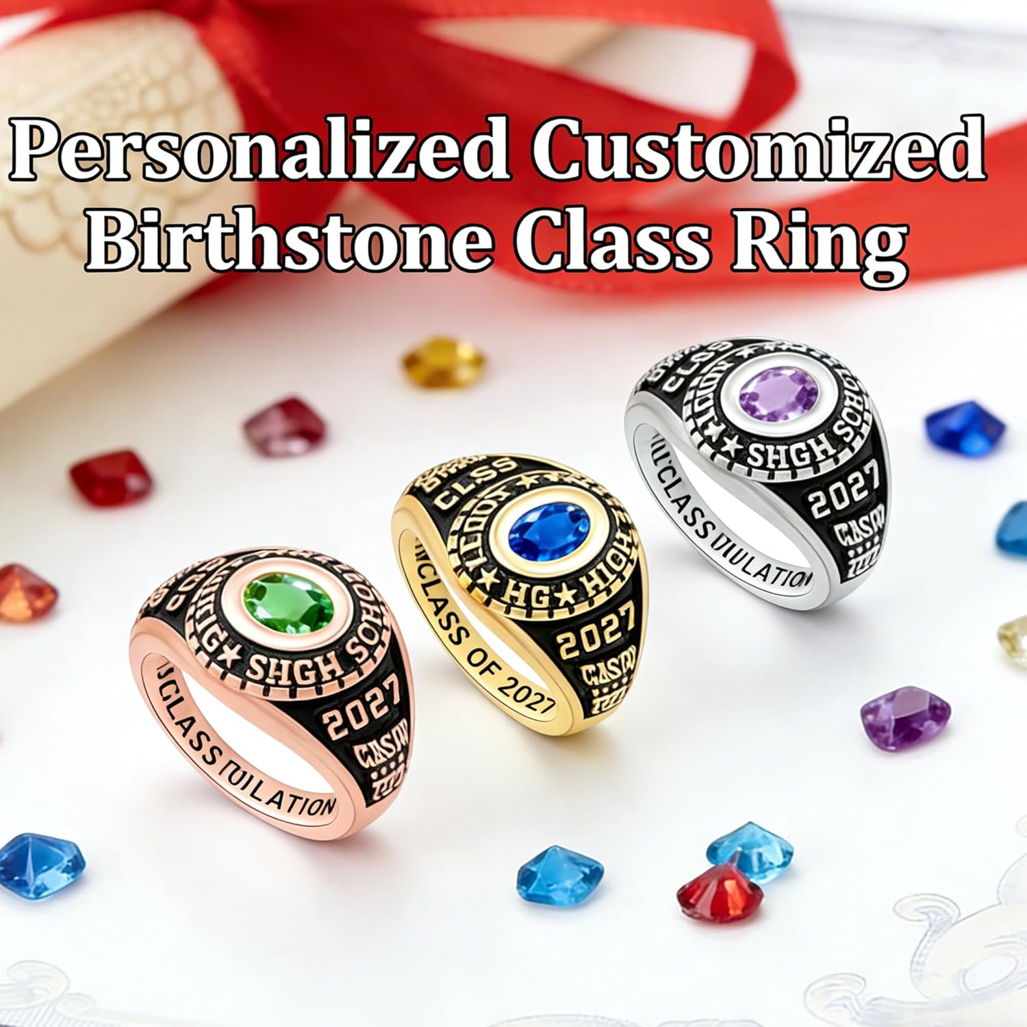 Personalized Class Rings - Custom Birthstone Rings in 10KT Gold or 925 Sterling Silver, Size 5-15 for Women