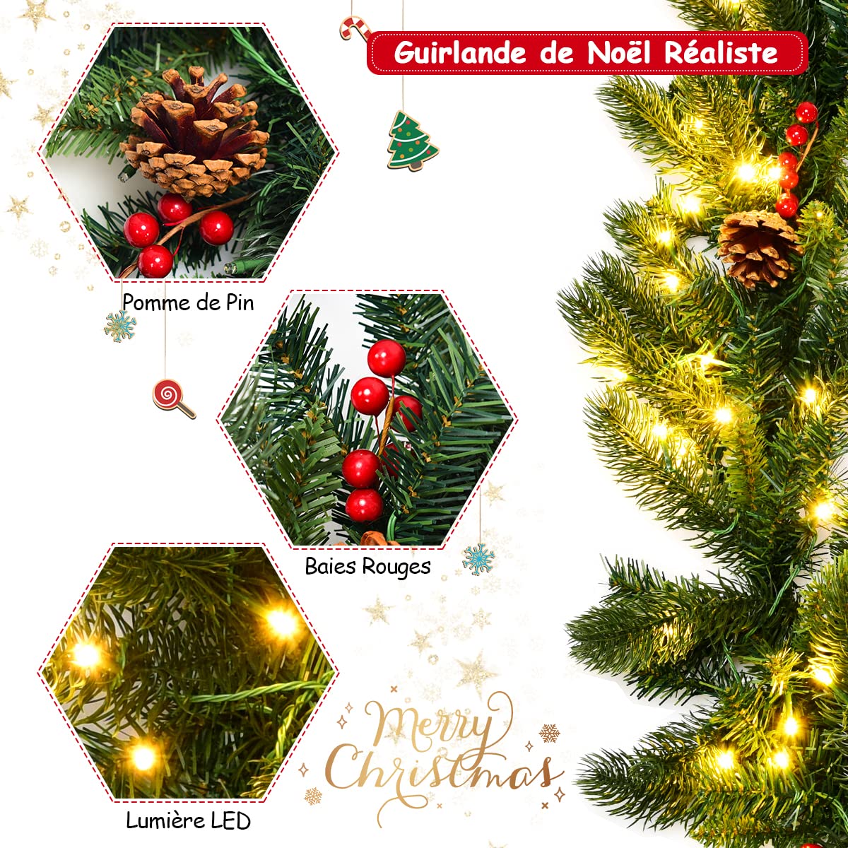 DREAMADE Guirlande Sapin Artificiel 270CM avec 100 Lumières LED, Couronnes de Noël Lumineuse en PVC et PE avec Pommes de Pin&Baies Rouges, Décoration Idéale pour Porte, Fenêtre, Escalier, Cheminée
