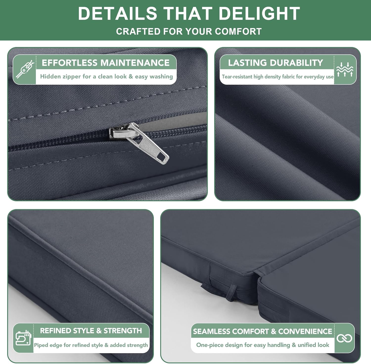 Summsun 4 Pack High Back Outdoor Chair Cushions, Water Resistant Patio Seat Cushion Set with Ties, Removable Covers, Non-Slip Bottom for Garden Lawn Patio Furniture, 44 x 20 Inch, Dark Grey