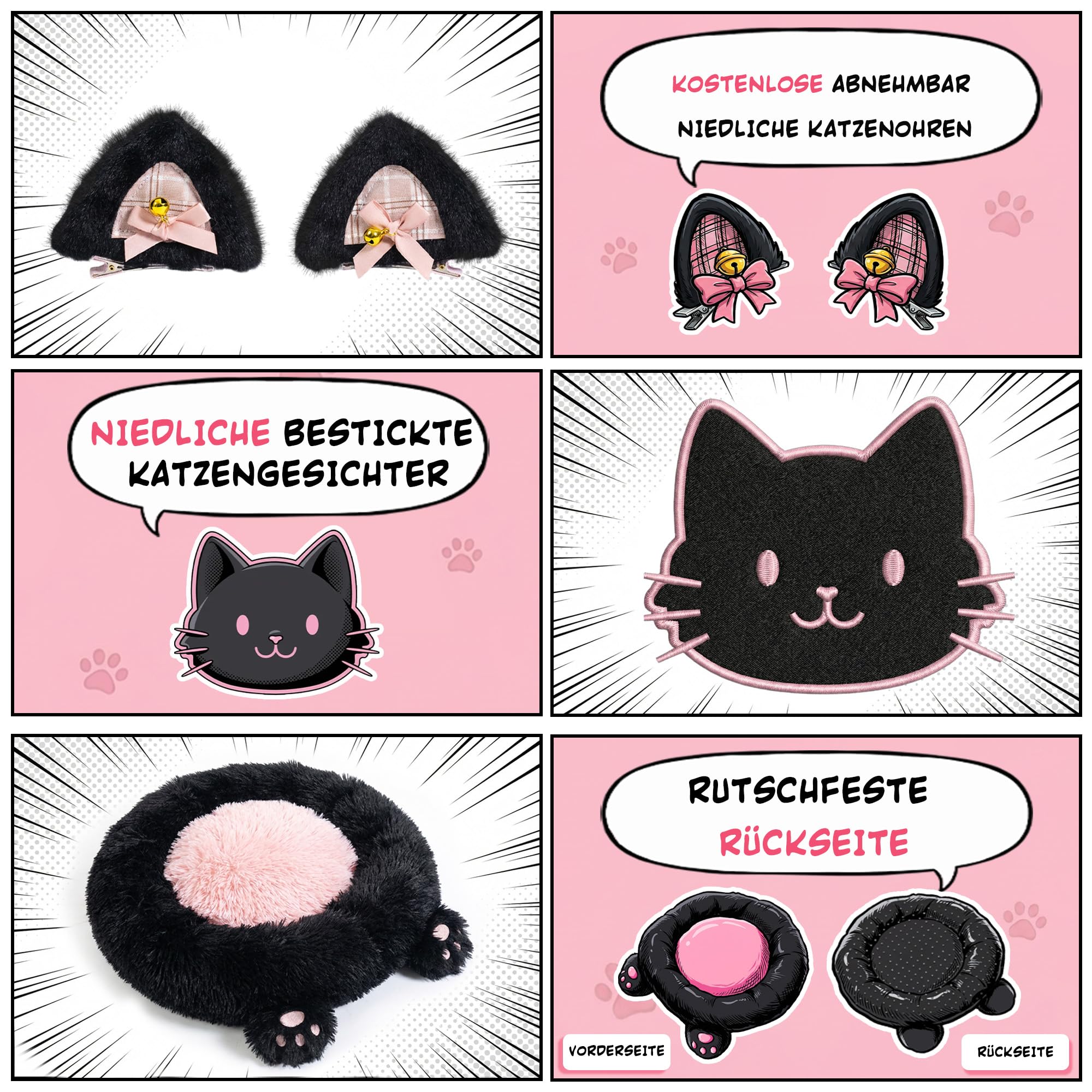 Dowinx Gaming Stuhl Ergonomisch mit Fußstütze, Katzenpfoten Gaming Chair aus Stoff, Flügelloses Sitzdesign, Verstellbarer Gamer Stuhl & PC Stuhl, Gaming Stuhl rosa Katze, für Erwachsene,rosa schwarz
