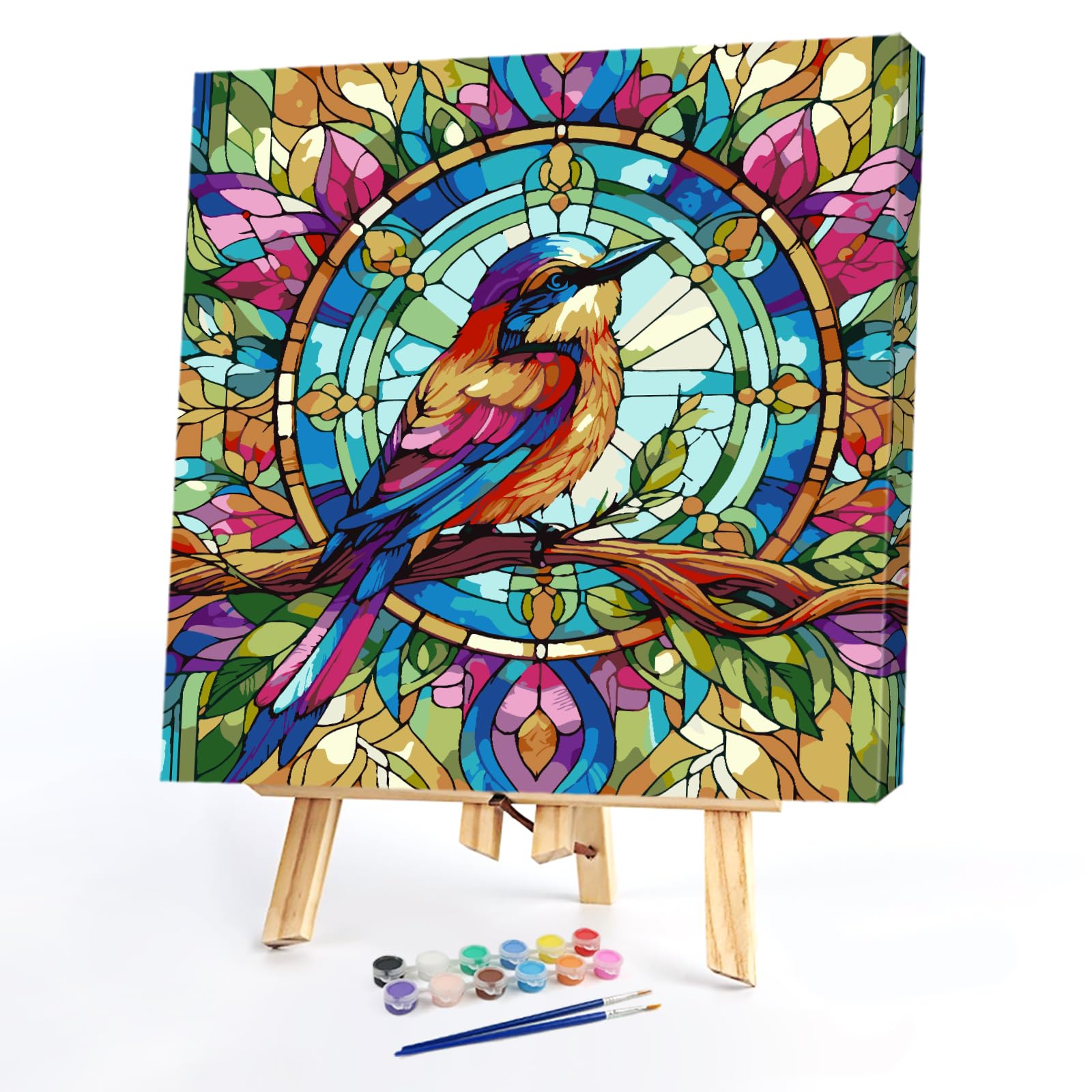 POETRYDRAW Stained Glass Bird DIY Paint By Numbers Kit on Canvas 35x35cm with Frame Oil Painting Kit by Numbers for Beginners Adults Gift Home Wall Decor (Stained Glass Bird)