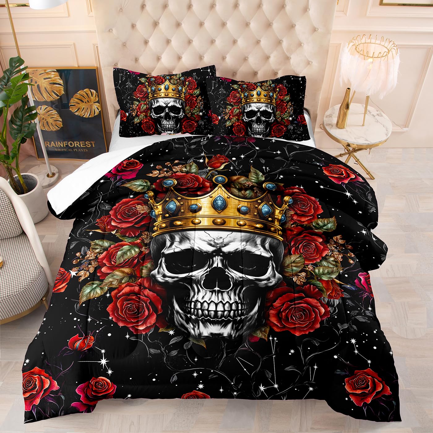 Edredon Cama 180 Cráneo Rosa Estampado Bedding Edredón Nórdico 230X260 Cm, Edredón De Fibra 200Gr/M²,Transpirable Colcha De Microfibra para Todas Las Estaciones