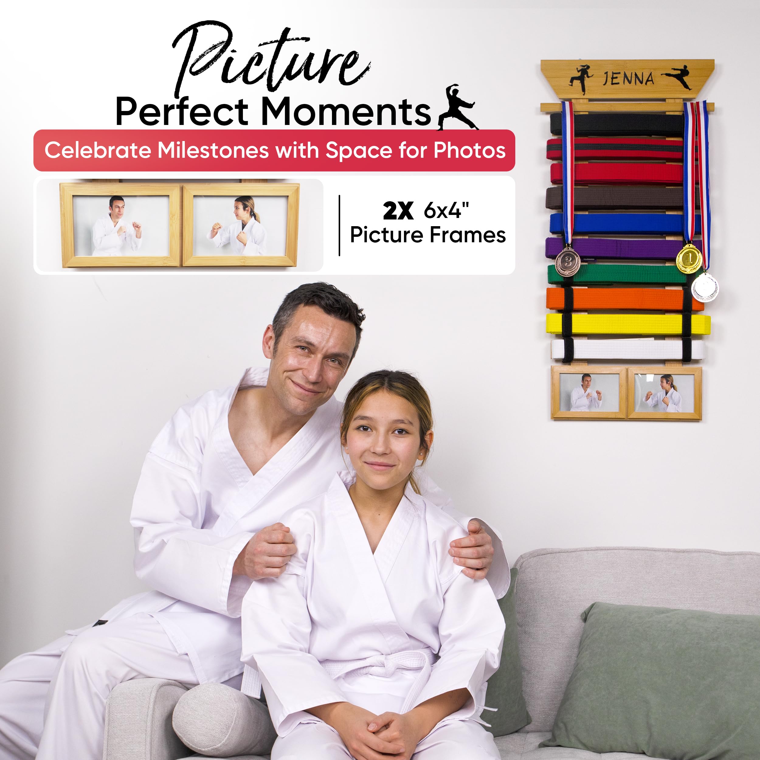 Optimus Depot Karate Belt Display Rack - Bamboo 10 Taekwondo Belt Display with Customization Stickers, 2 Picture Frames, Self-Adhesive Adjustable Strips & Hanging Kit Taekwondo Gifts
