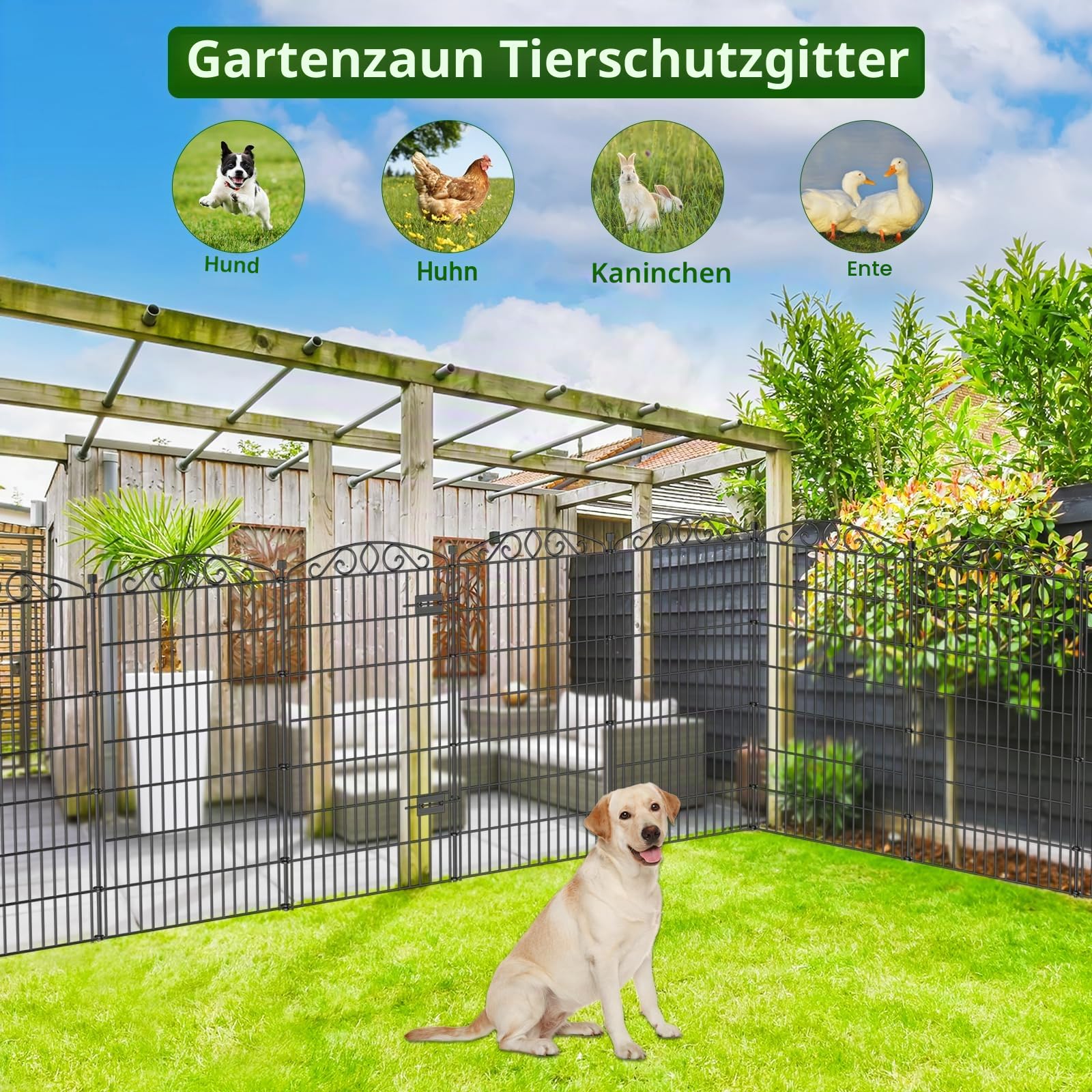 10 Paneele Gartenzaun mit Tor – 122 cm H x 7,1 m L, ohne Graben, rostfreier Metall-Hundezaun für Hunde und Kaninchen, dekorative Außengrenze für Hof, Terrasse und Blumenbeete