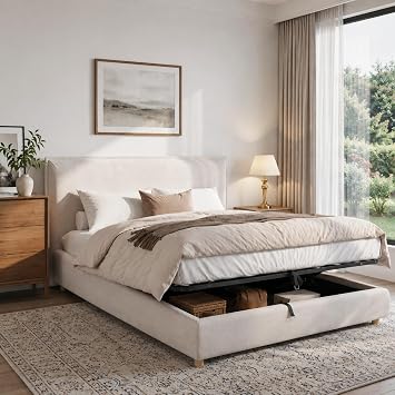 6ft Super King Size Ottoman Bed with Hydraulic Storage, Functional Upholstered Bed Frame with Tall Padded Headboard and Slats, Velvet Gas Lift Up Storage Bed with Solid Wooden Legs, No Mattress, Beige