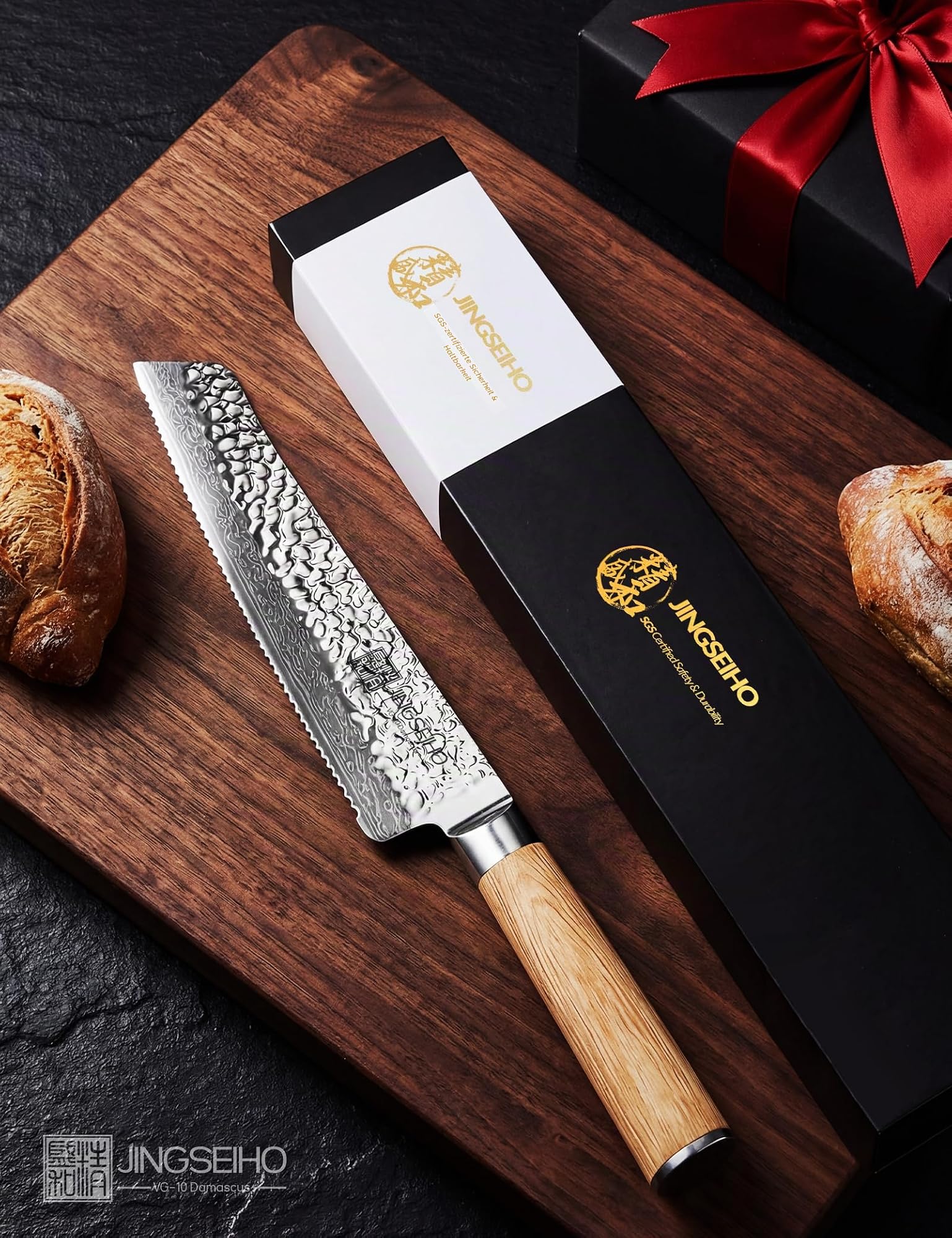 Japanisches Brotmesser Wellenschliff 26 cm, VG-10 Damaststahl-Klinge mit Extra Langer Schärfe, Perfekter Brotschneider für Knuspriges Sauerteigbrot