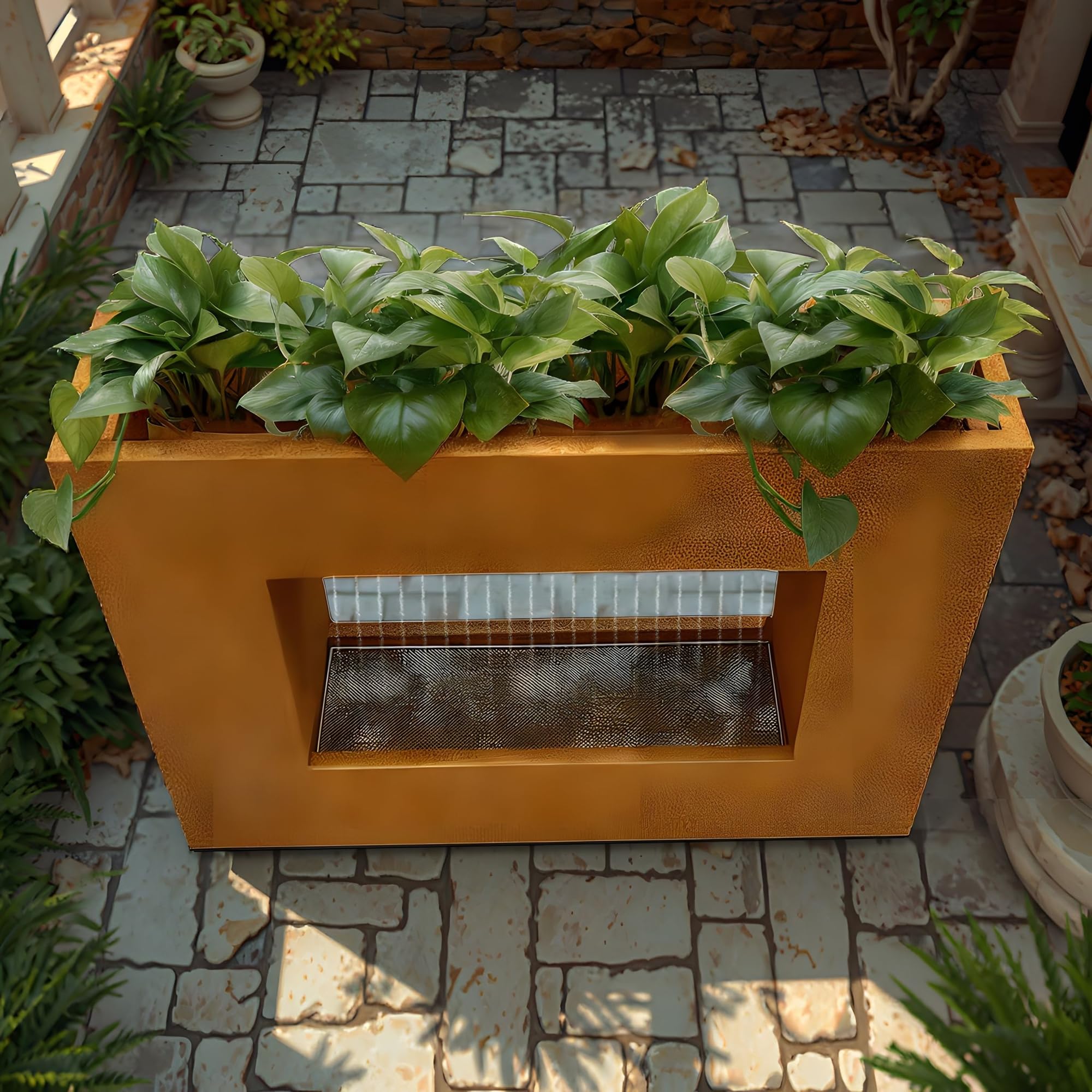 KÖHKO® 32001B - Cortina de agua con iluminación LED, altura 60 cm, acero corten con macetero, cascada, fuente de agua