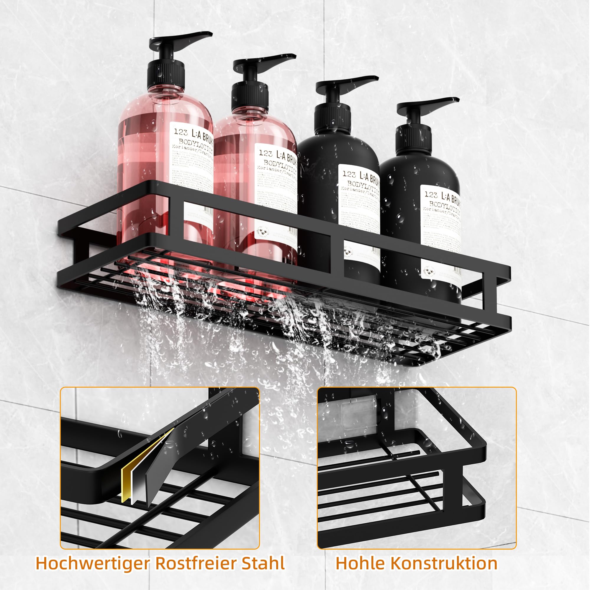 Mensola Doccia Senza Foratura 2 Pezzi - Nero, Acciaio Inox, 8 Ganci, Adesiva, Impermeabile - Foto 4