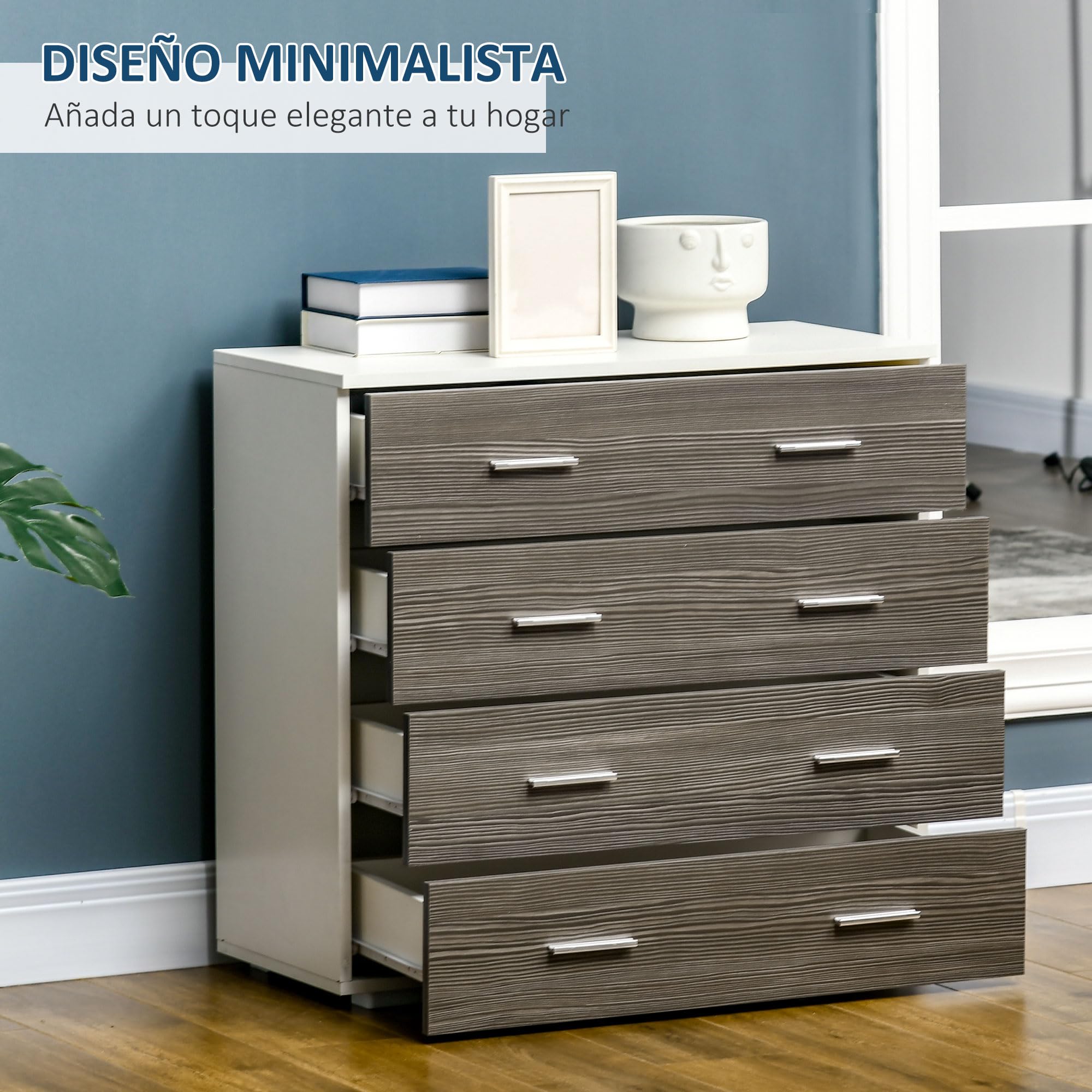 HOMCOM Cómoda 4 Cajones, Cómoda Dormitorio, Cajonera para Salón, Oficina, Pasillo, Estilo Moderno, 76x35x72 cm, Gris Veteado y Blanco