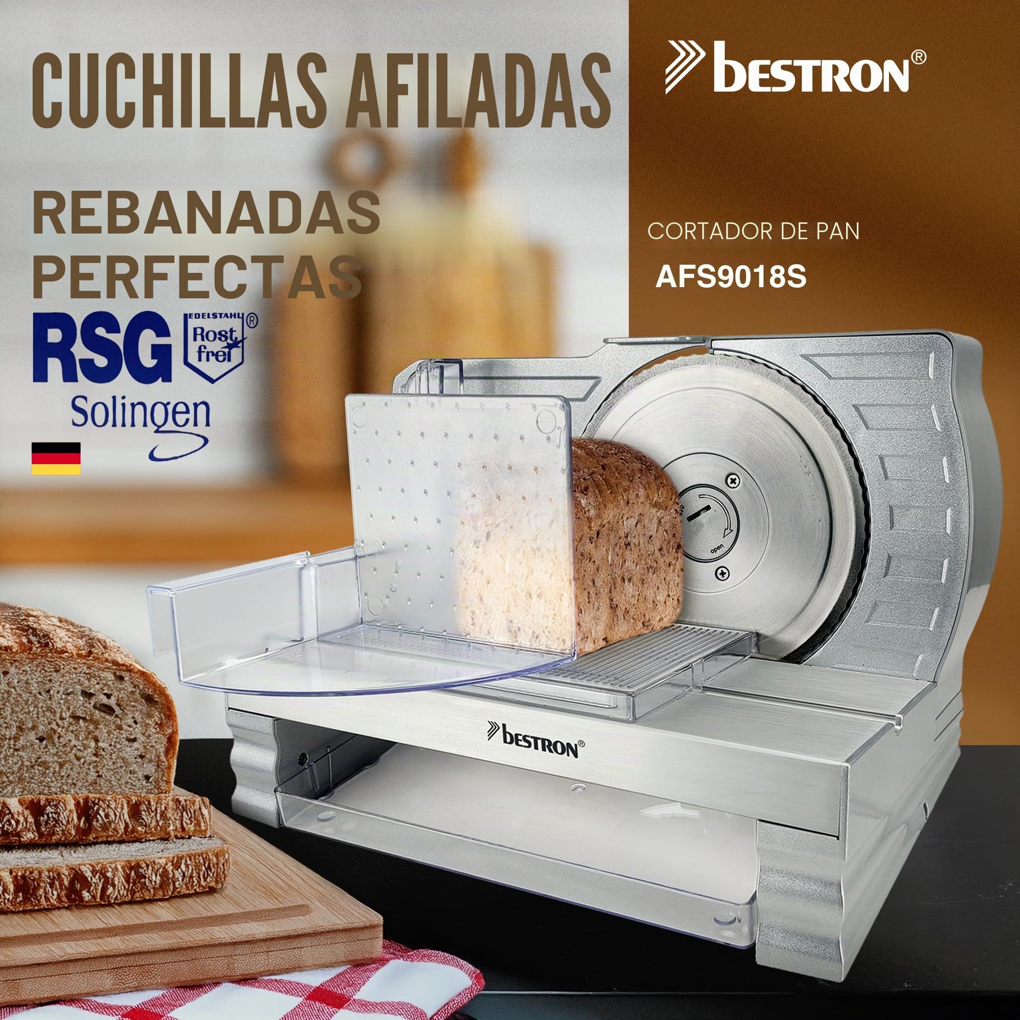 Bestron Cortador de pan con hoja de acero inoxidable RSG, fabricado en Alemania, ajuste de grosor de corte continuo de 0 a 20 mm, cortador con botón de cambio para funcionamiento automático y manual,
