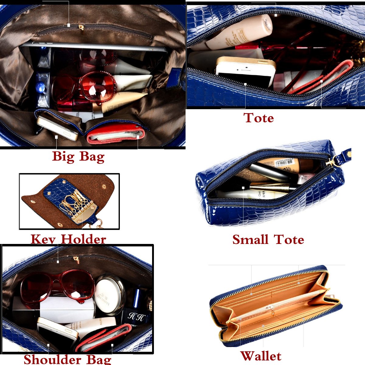 Damski 6-częściowy zestaw z torebką crossbody i portfelami ze skóry PU, torba na ramię, torba na zakupy, torba na ramię, portfel, kopertówki
