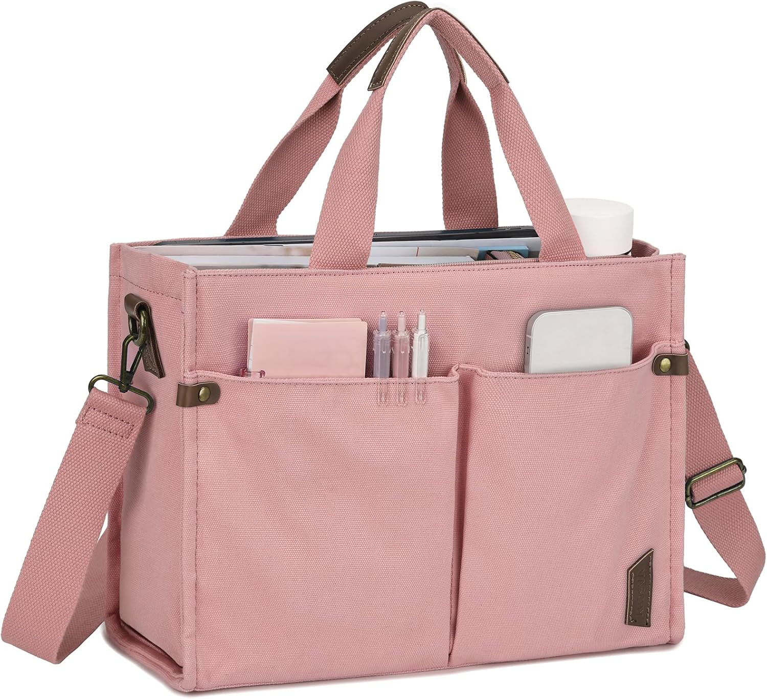 VASCHY Canvas Tote Bag for Women, Casual Sturdy Work Satchel Teachers Tote Purse with Zippers Pockets Crossbody Shoulder Bag