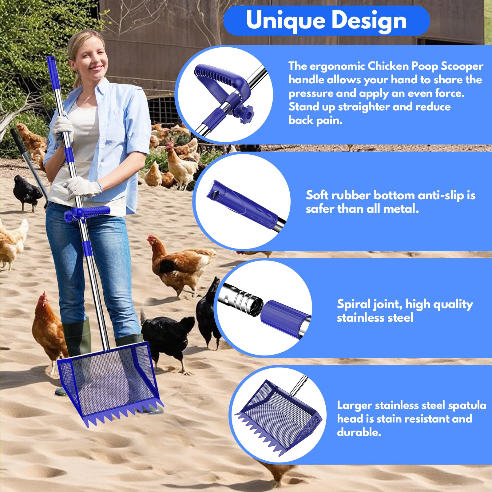 Hühnerkotschaufel, 2-in-1304 Edelstahl-Schaufelkopf, Hühnerstreuschaufel mit Griff für Hühnerstall für Sand, Haustierabfallreinigung, Streu-Siebschaufel (Blau, 25,4 cm) | Hühnerkotschaufel
